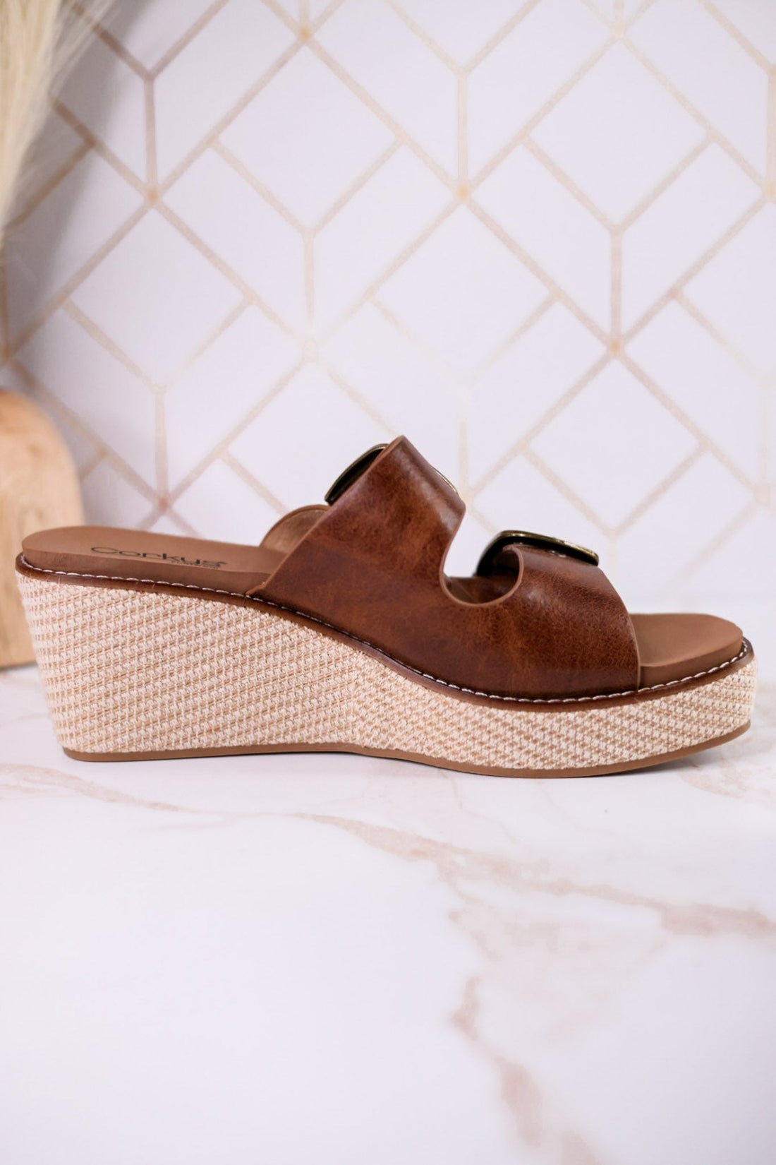 Manifest Cognac Wedge Sandals With Buckle Straps - Whiskey Skies - CORKYS FOOTWEAR