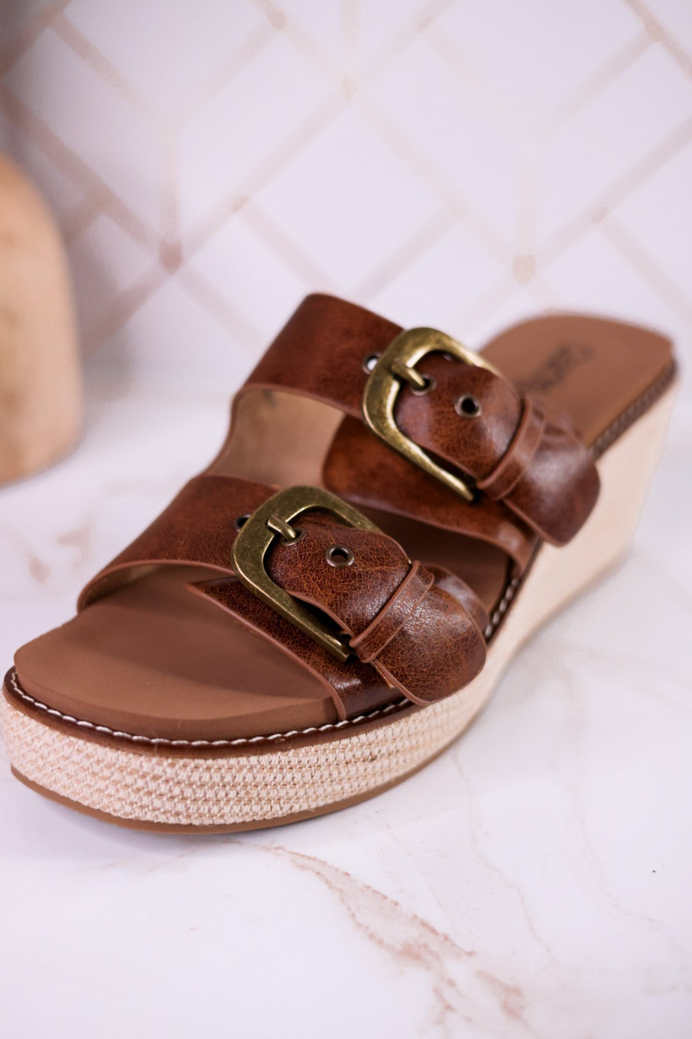 Manifest Cognac Wedge Sandals With Buckle Straps - Whiskey Skies - CORKYS FOOTWEAR