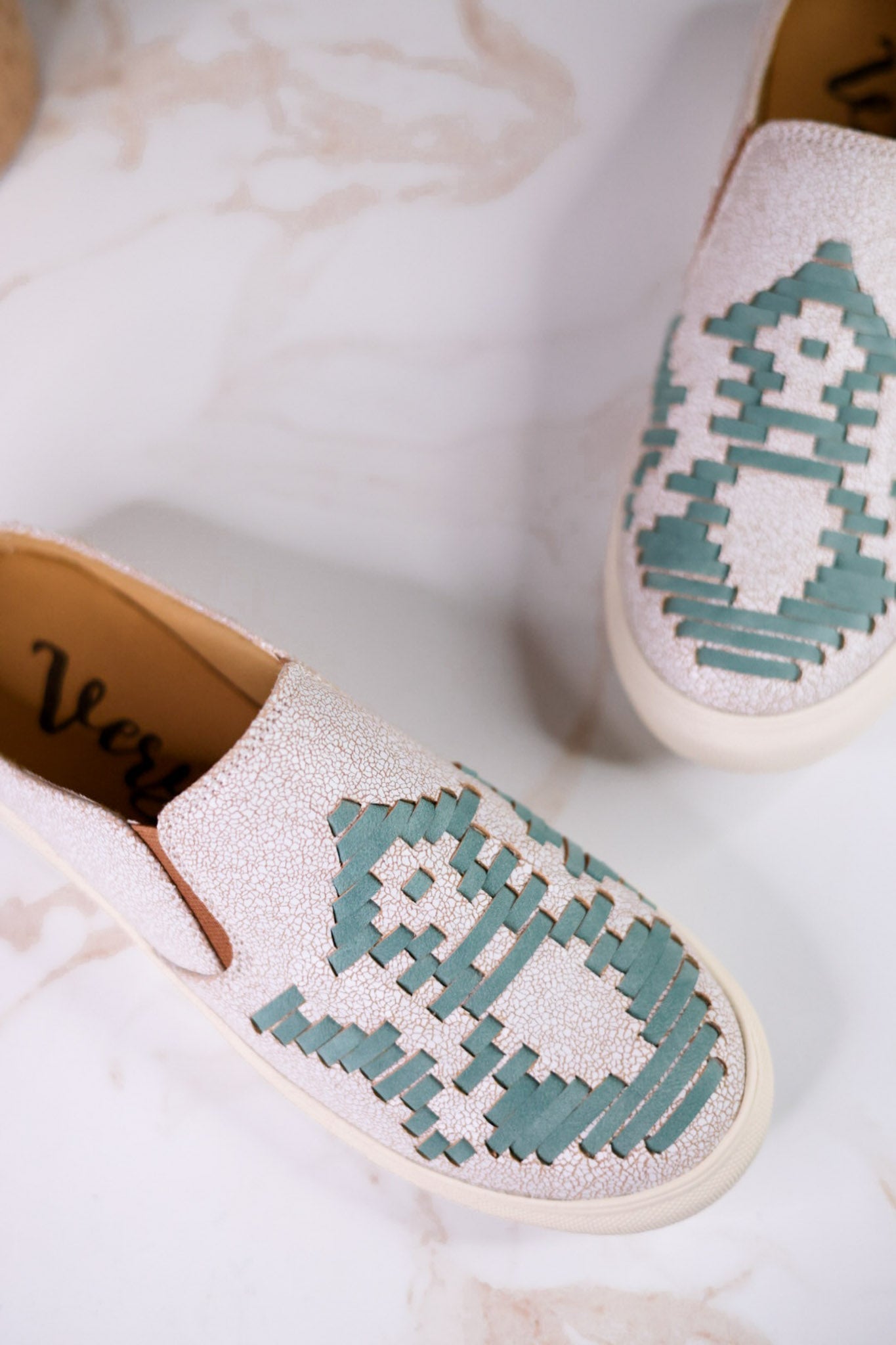"Marian" Cream Crackle Mule Sneakers With Turquoise Aztec Pattern - Whiskey Skies - VERY G