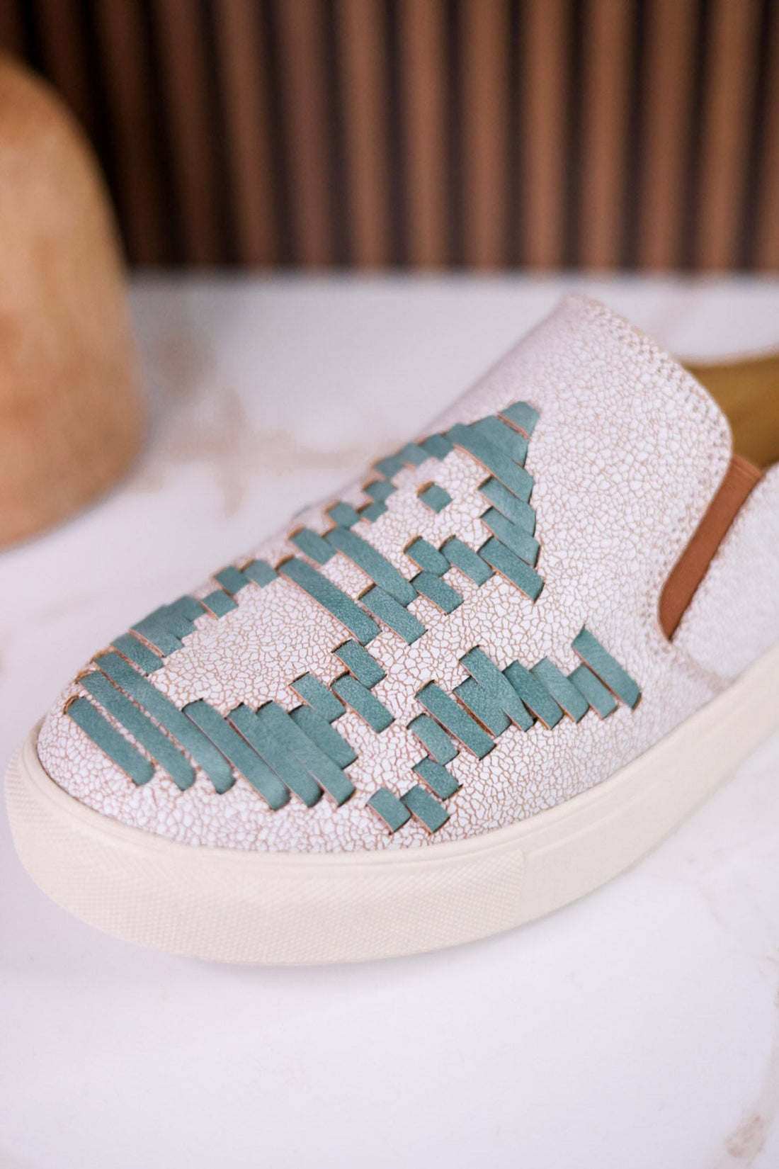 "Marian" Cream Crackle Mule Sneakers With Turquoise Aztec Pattern - Whiskey Skies - VERY G