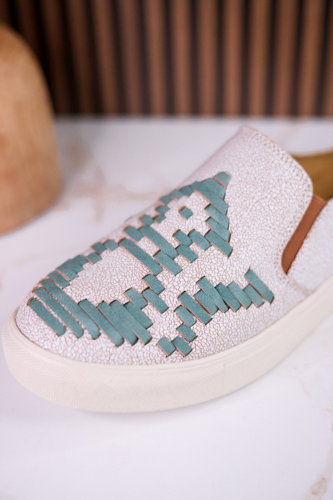 "Marian" Cream Crackle Mule Sneakers With Turquoise Aztec Pattern - Whiskey Skies - VERY G