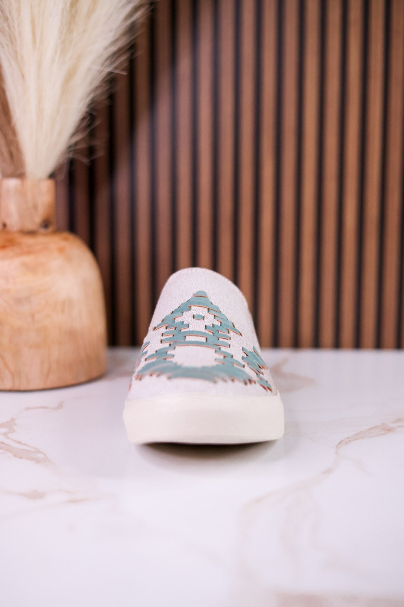 "Marian" Cream Crackle Mule Sneakers With Turquoise Aztec Pattern - Whiskey Skies - VERY G