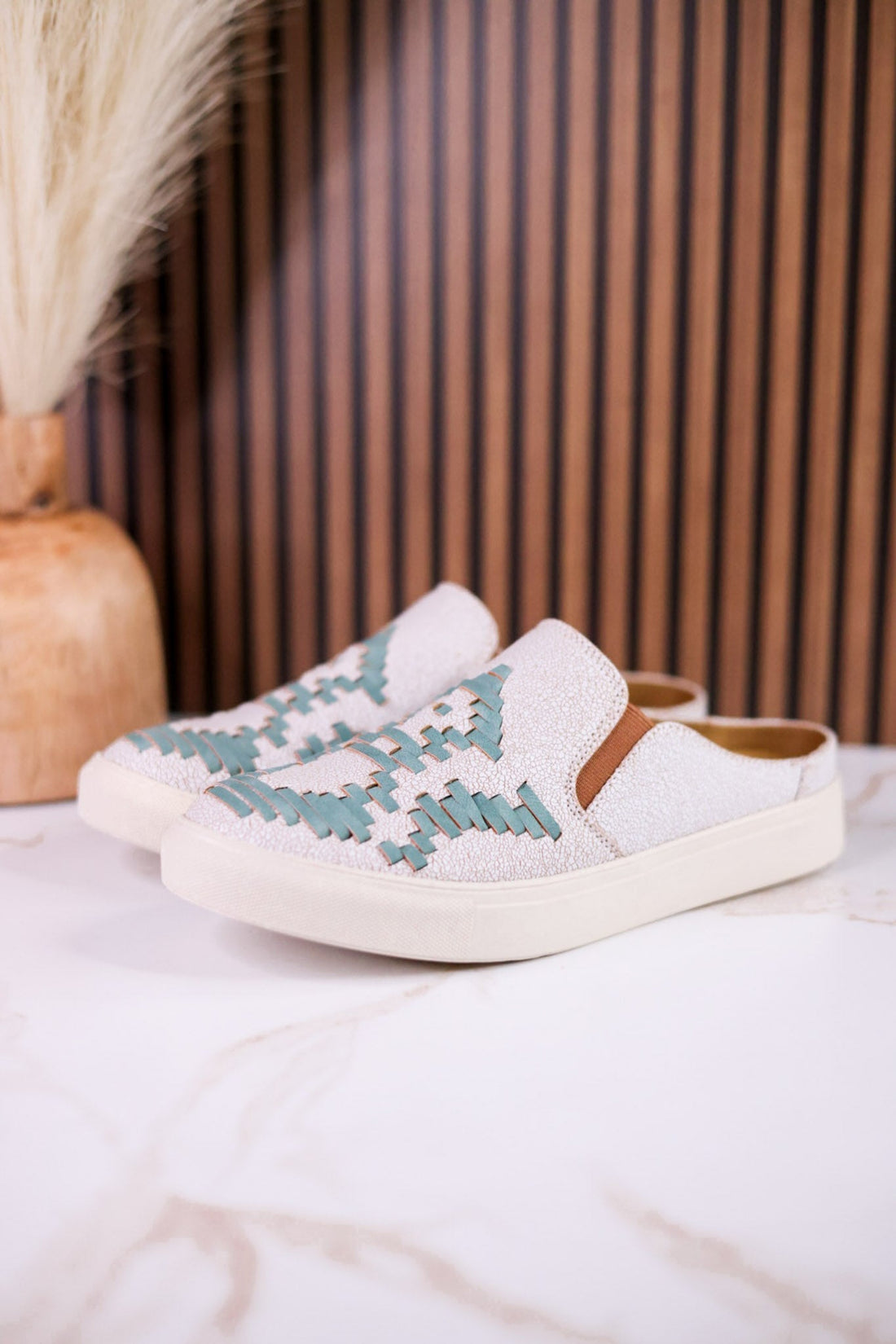 "Marian" Cream Crackle Mule Sneakers With Turquoise Aztec Pattern - Whiskey Skies - VERY G