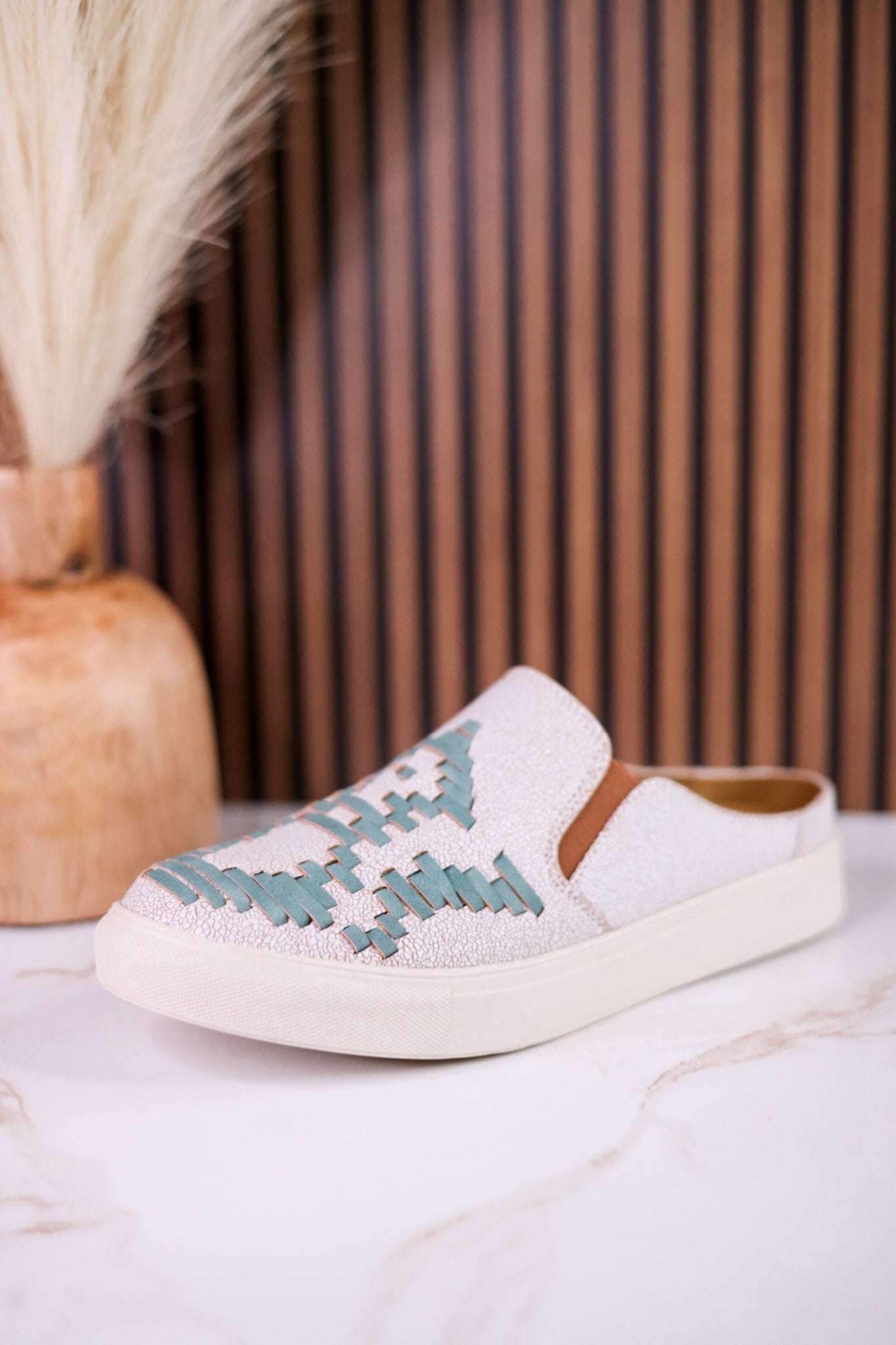 "Marian" Cream Crackle Mule Sneakers With Turquoise Aztec Pattern - Whiskey Skies - VERY G