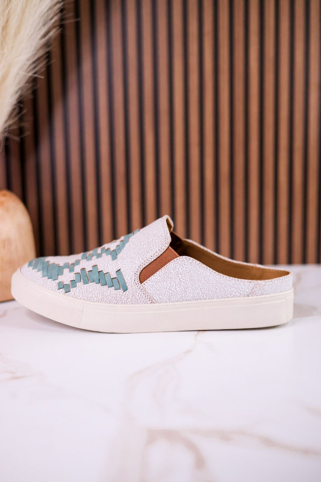 "Marian" Cream Crackle Mule Sneakers With Turquoise Aztec Pattern - Whiskey Skies - VERY G
