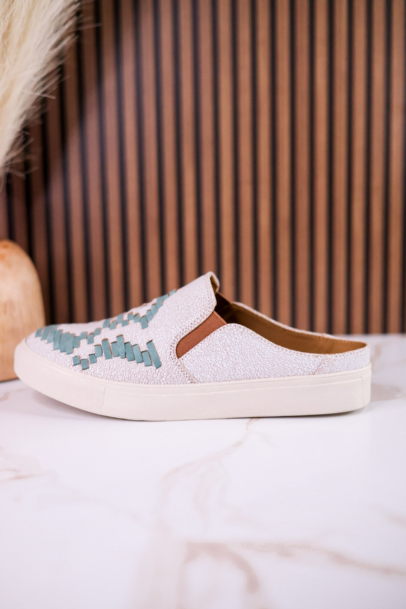 "Marian" Cream Crackle Mule Sneakers With Turquoise Aztec Pattern - Whiskey Skies - VERY G