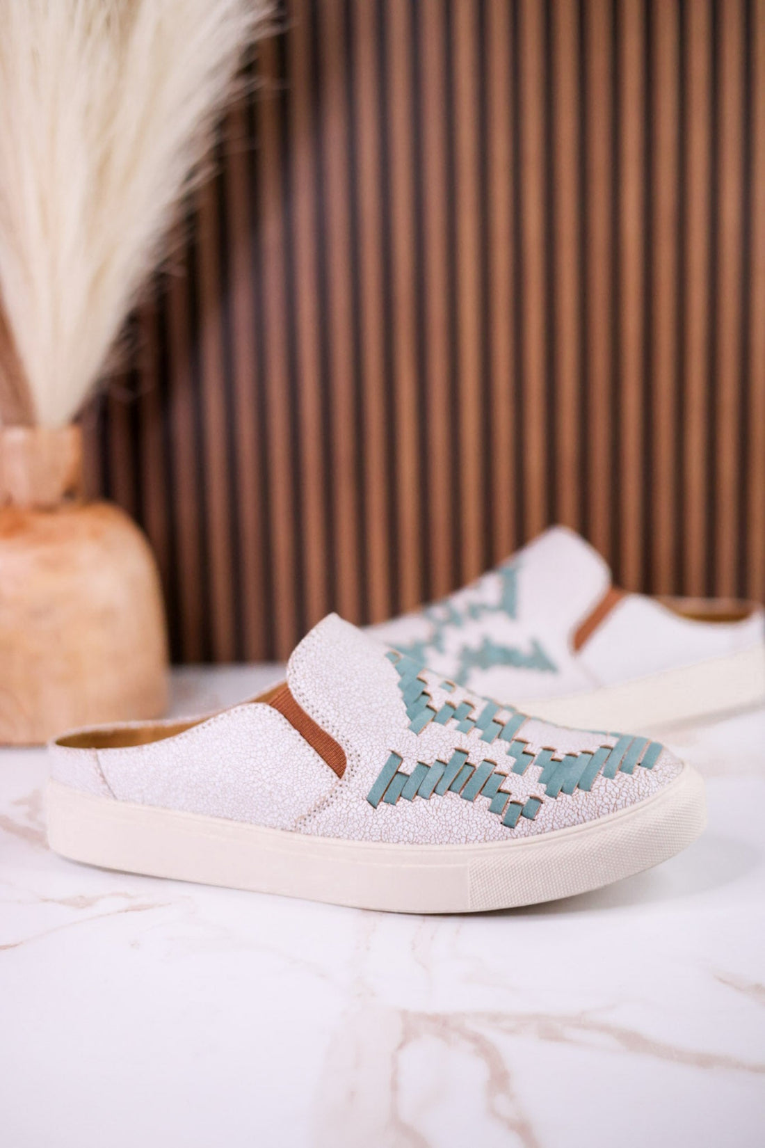 "Marian" Cream Crackle Mule Sneakers With Turquoise Aztec Pattern - Whiskey Skies - VERY G