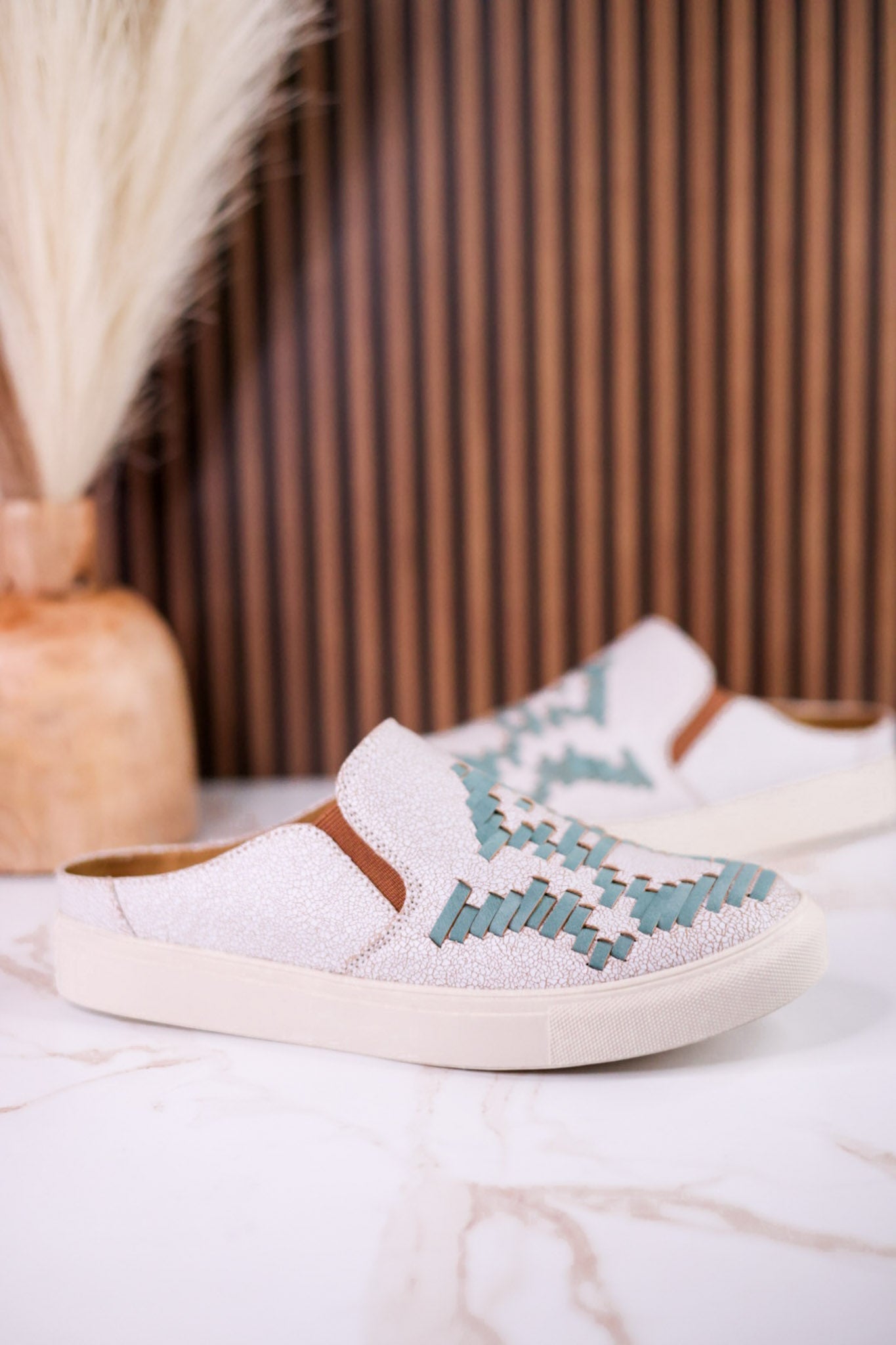 "Marian" Cream Crackle Mule Sneakers With Turquoise Aztec Pattern - Whiskey Skies - VERY G