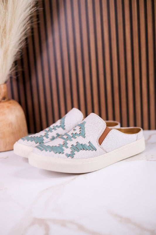 "Marian" Cream Crackle Mule Sneakers With Turquoise Aztec Pattern - Whiskey Skies - VERY G