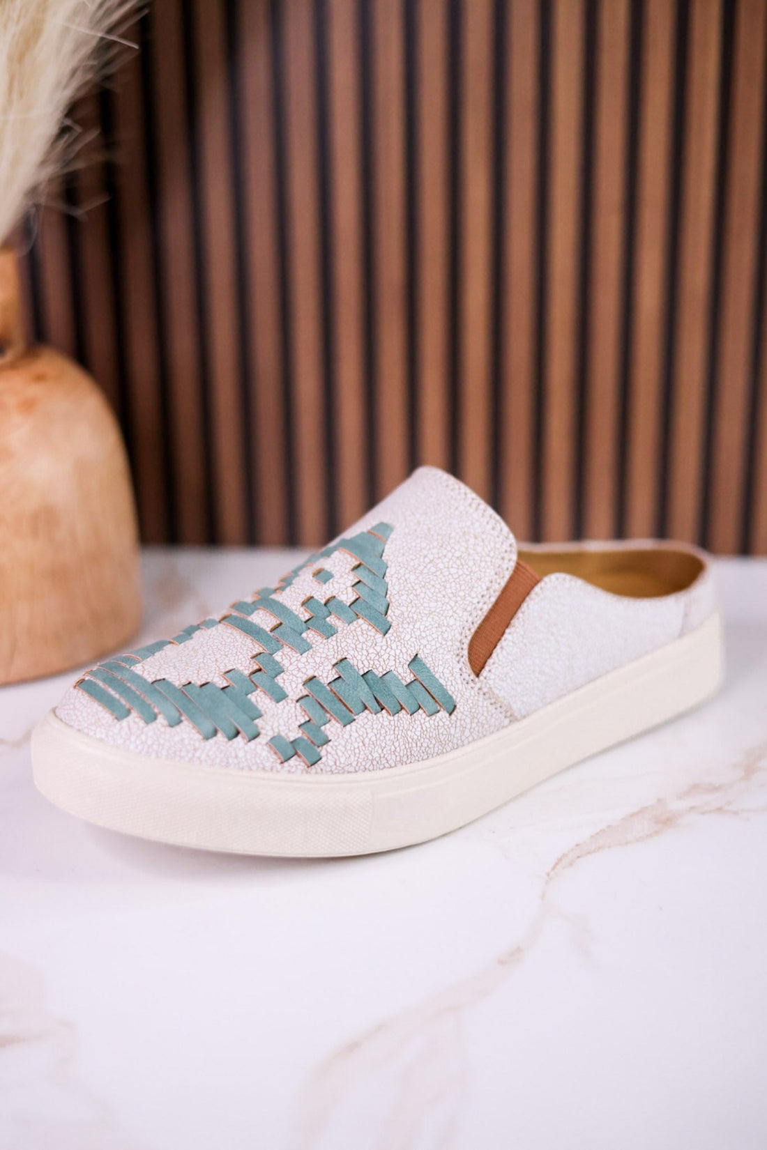 "Marian" Cream Crackle Mule Sneakers With Turquoise Aztec Pattern - Whiskey Skies - VERY G