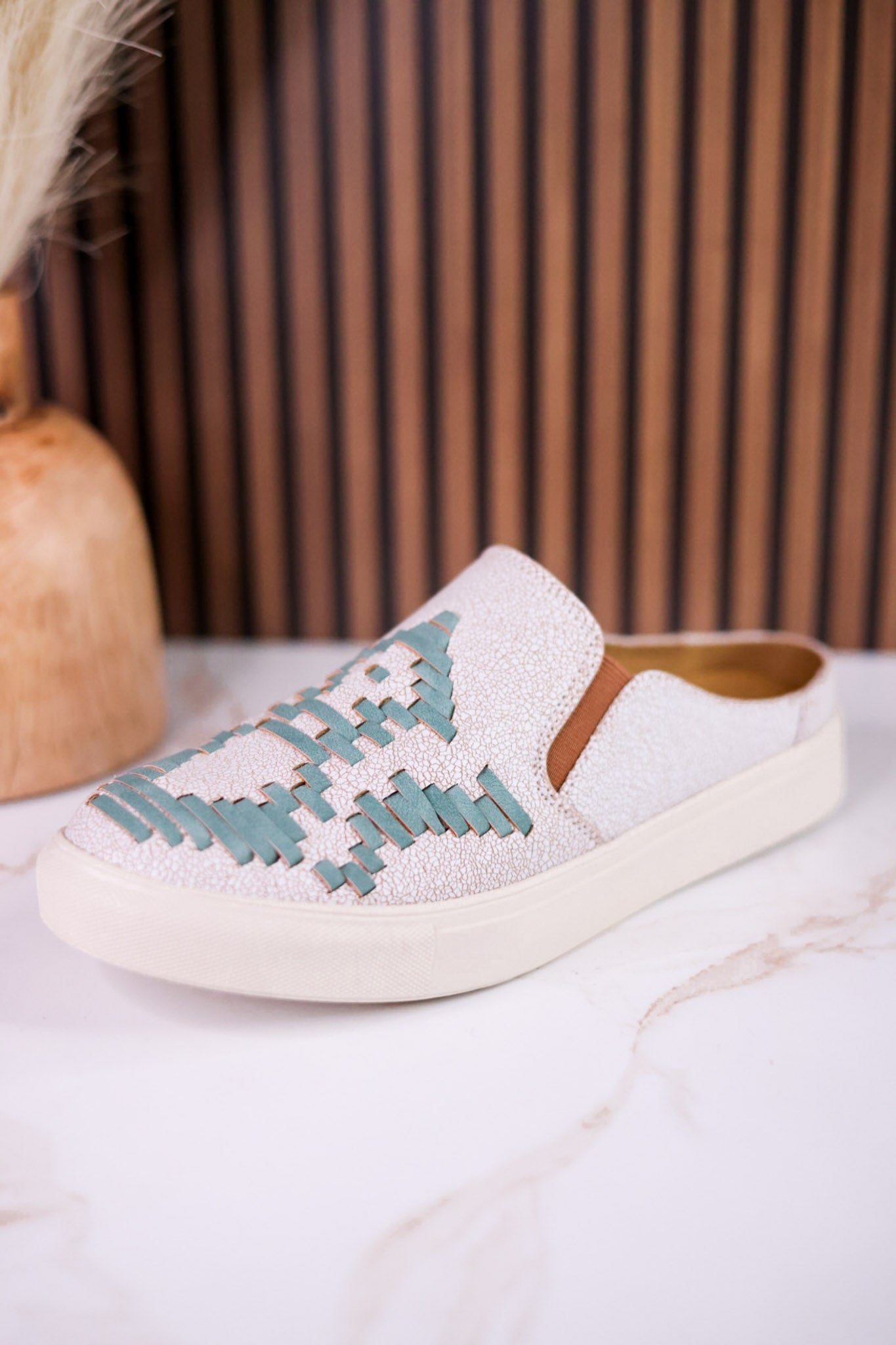 "Marian" Cream Crackle Mule Sneakers With Turquoise Aztec Pattern - Whiskey Skies - VERY G