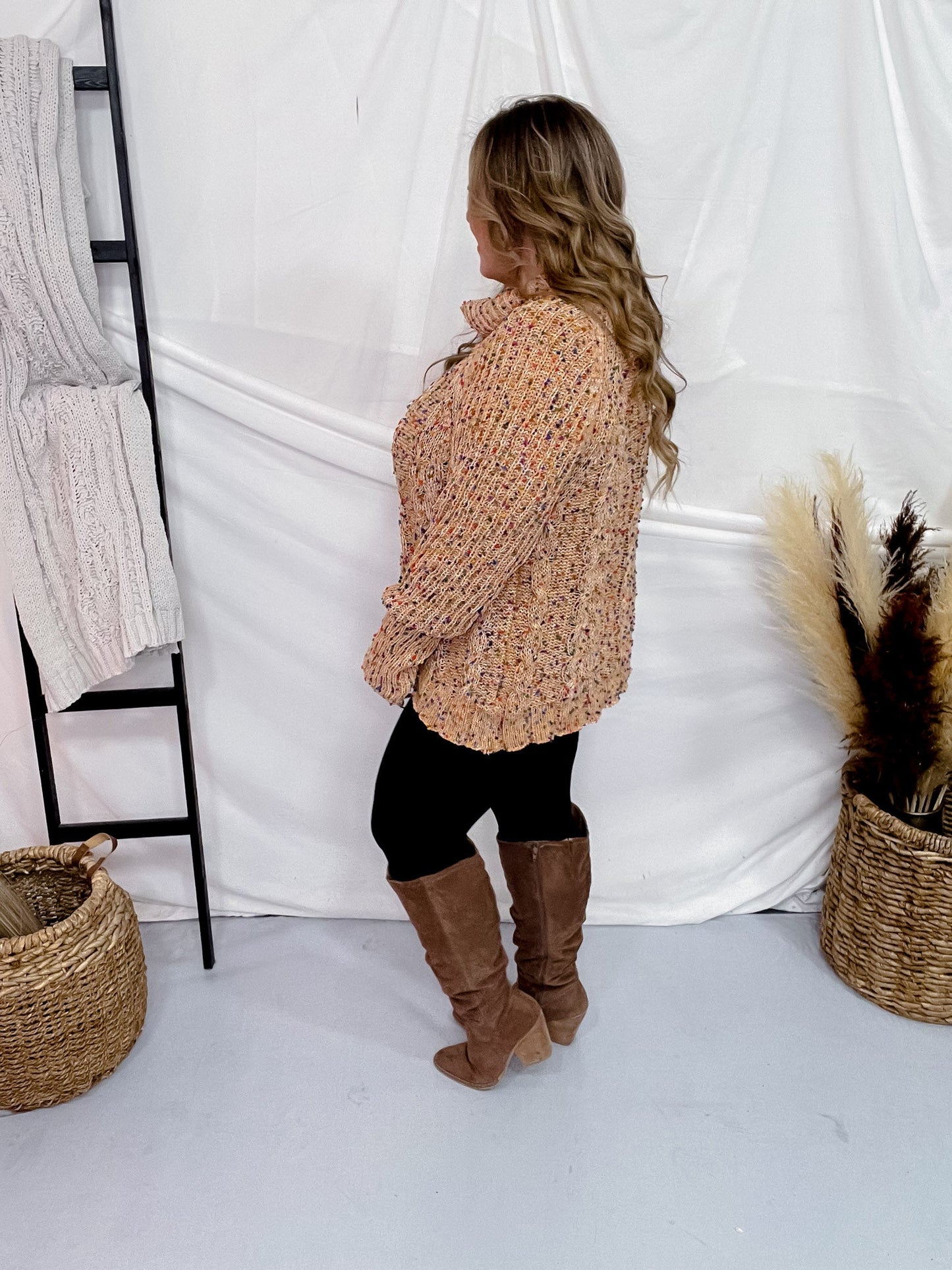 Marigold Cowl Neck Sweater with Rainbow Poms - Whiskey Skies - WHITE BIRCH