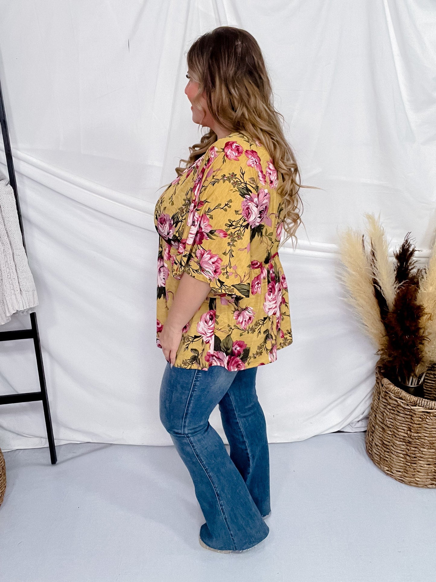 Marigold Floral Print 3/4 Dolman Sleeve Dreamer Top - Whiskey Skies - DEAR SCARLETT