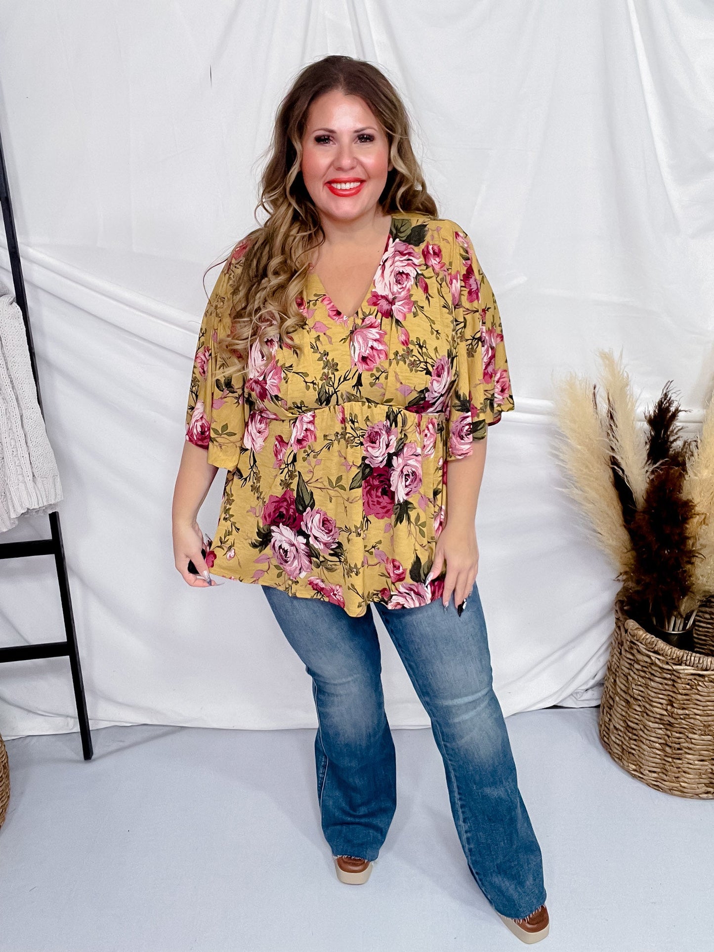 Marigold Floral Print 3/4 Dolman Sleeve Dreamer Top - Whiskey Skies - DEAR SCARLETT