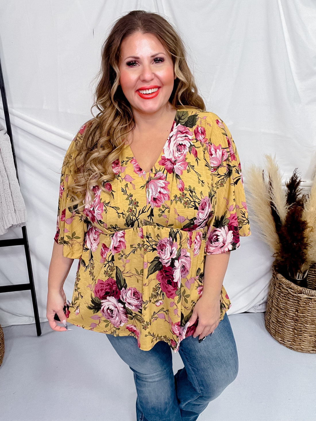 Marigold Floral Print 3/4 Dolman Sleeve Dreamer Top - Whiskey Skies - DEAR SCARLETT