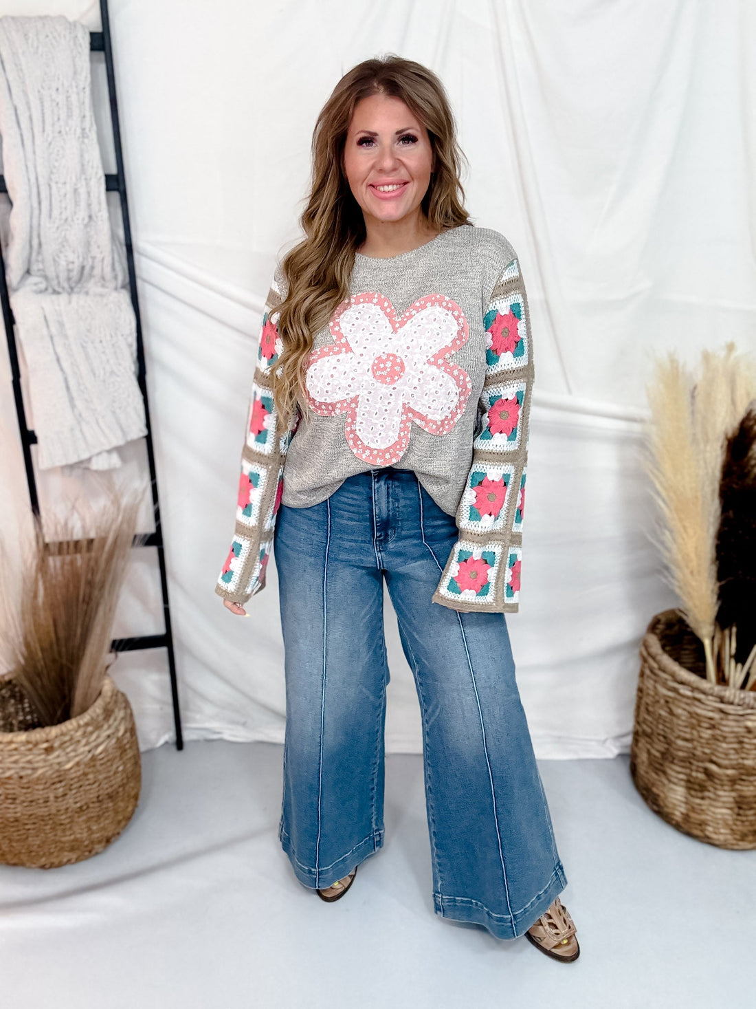 Marled Knit Top With Eyelet Flower & Crochet Sleeves - Whiskey Skies - DAVI & DANI
