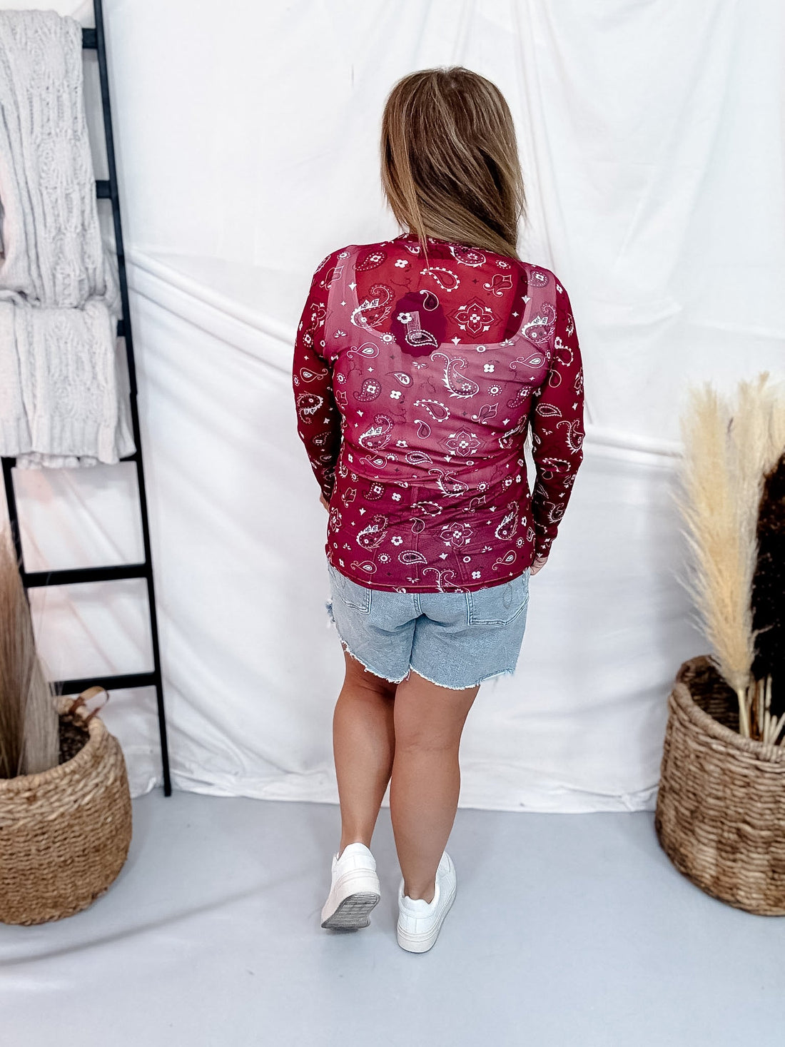 Maroon Bandana Babe Long Sleeve Mesh Top - Whiskey Skies - STERLING KREEK