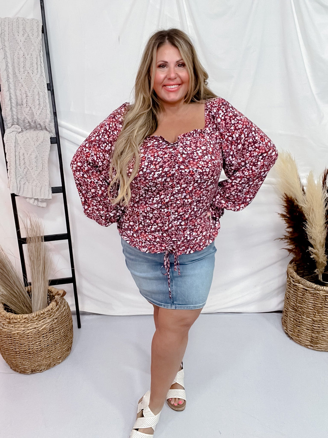 Maroon Floral Long Sleeve Cinch Front Top - Whiskey Skies - ANDREE BY UNIT