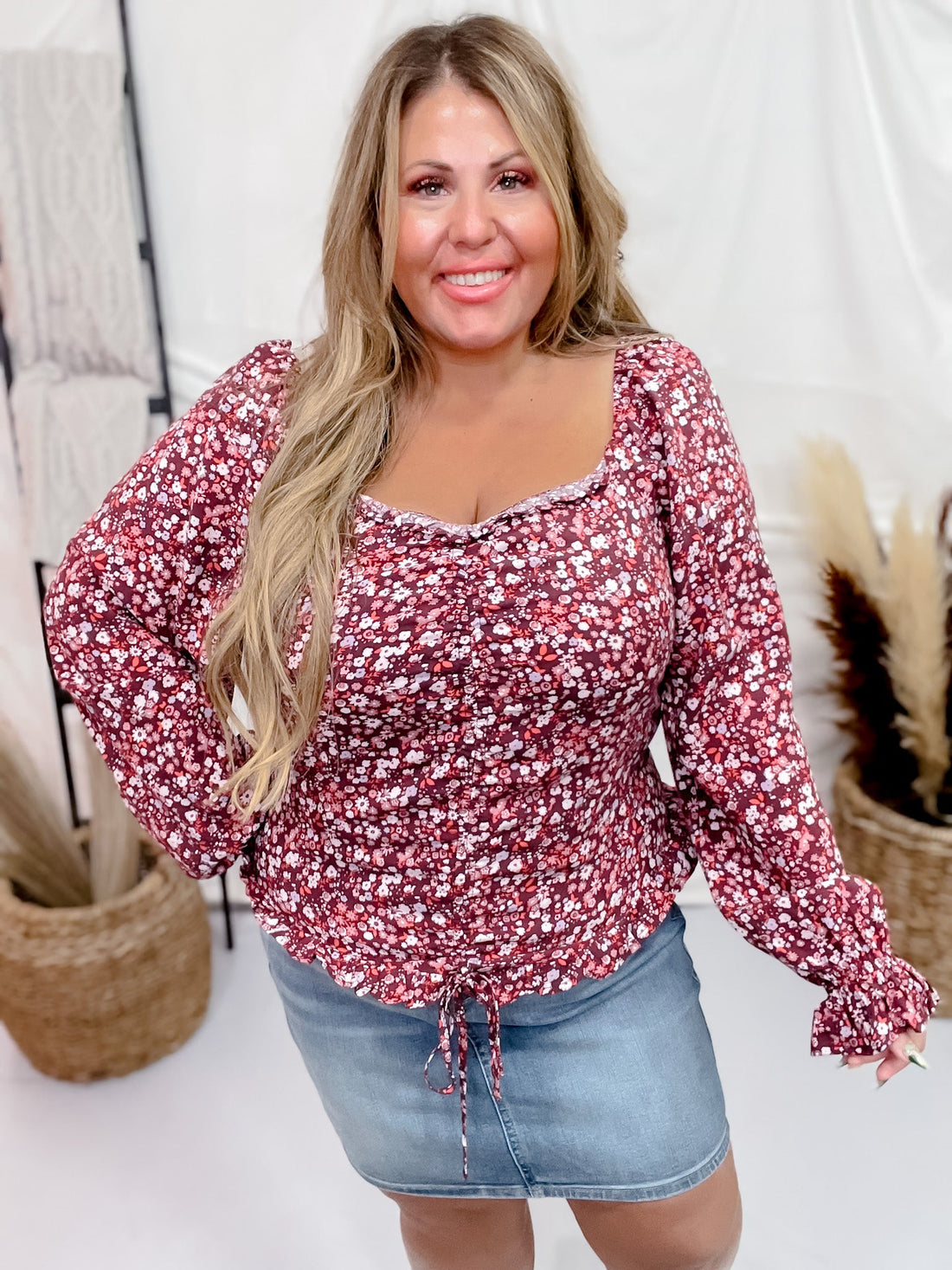 Maroon Floral Long Sleeve Cinch Front Top - Whiskey Skies - ANDREE BY UNIT