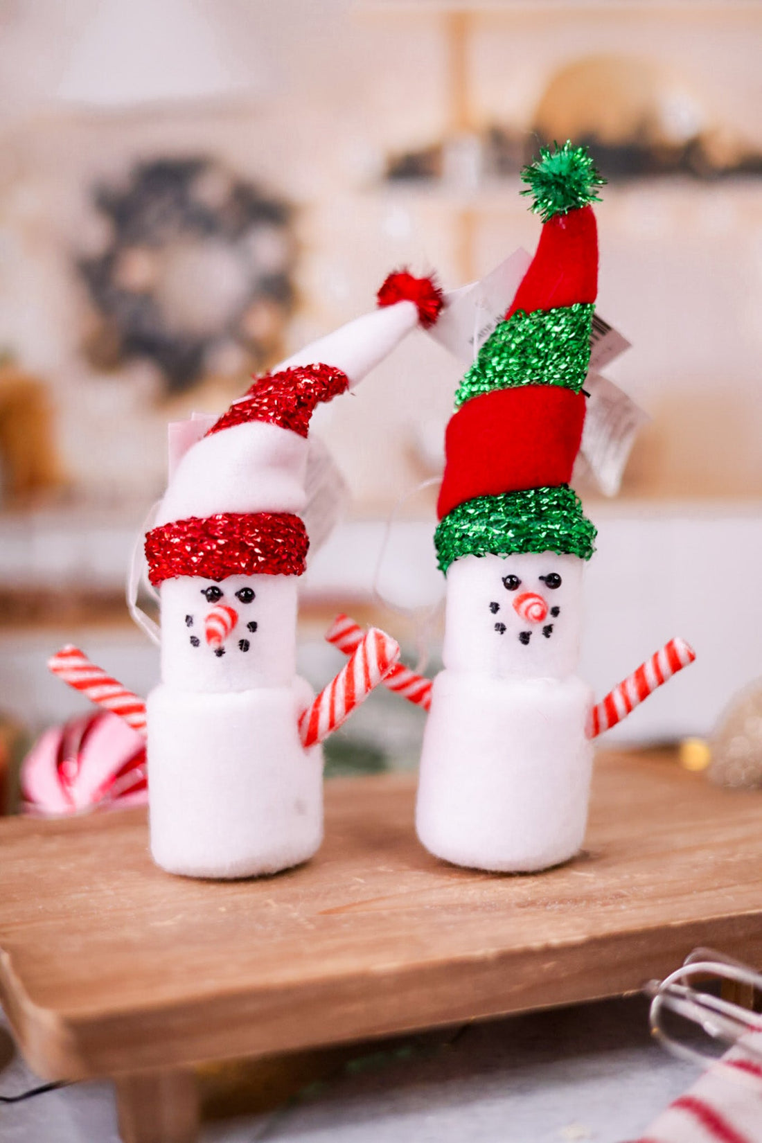 Marshmallow and Candy Cane Snowman Ornaments (2 Colors) - Whiskey Skies - GERSON COMPANIES