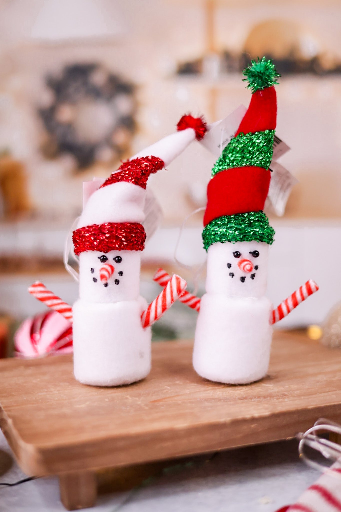 Marshmallow and Candy Cane Snowman Ornaments (2 Colors) - Whiskey Skies - GERSON COMPANIES