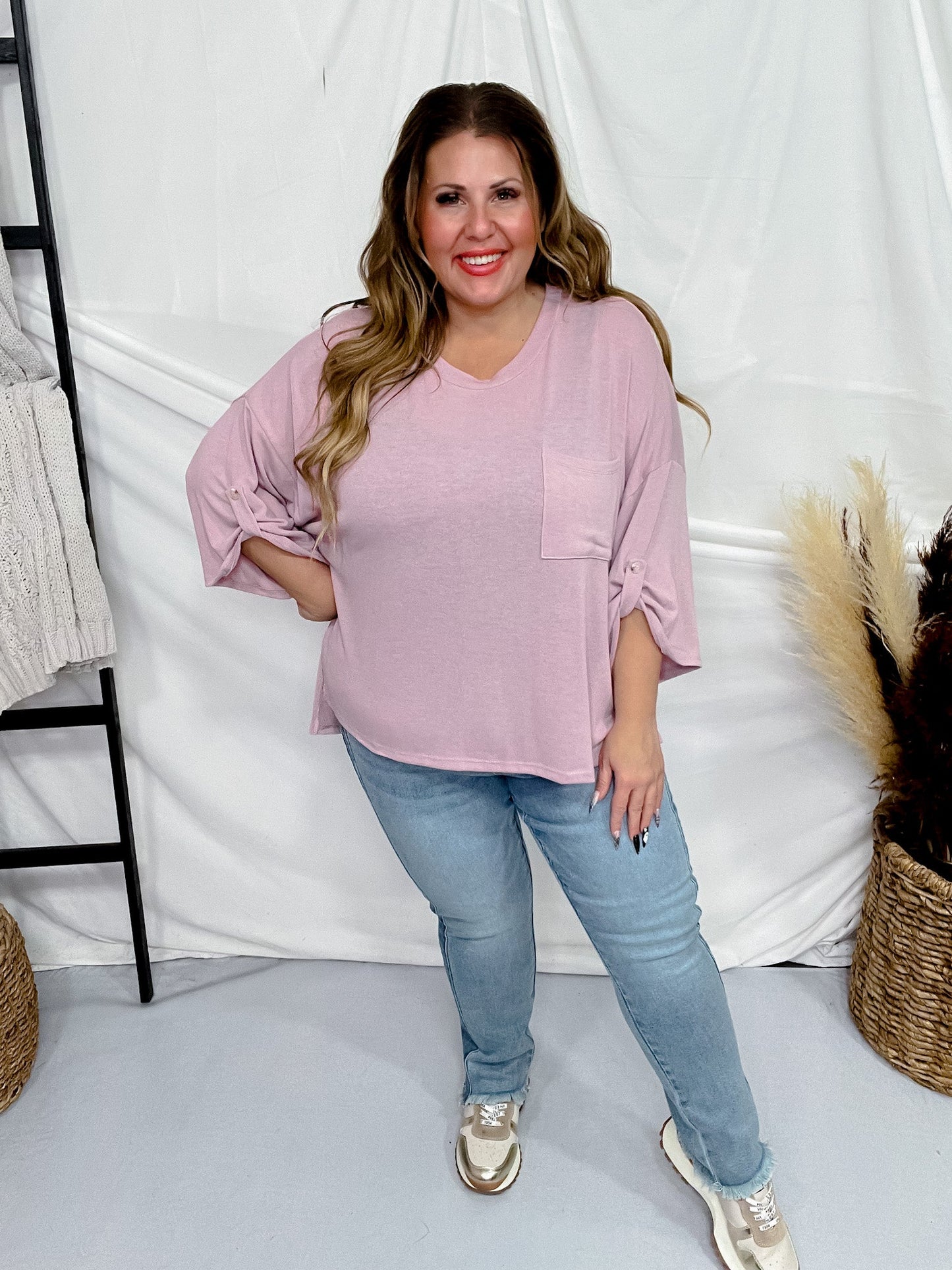 Mauve 3/4 Sleeve Boxy Top - Whiskey Skies - ANDREE BY UNIT