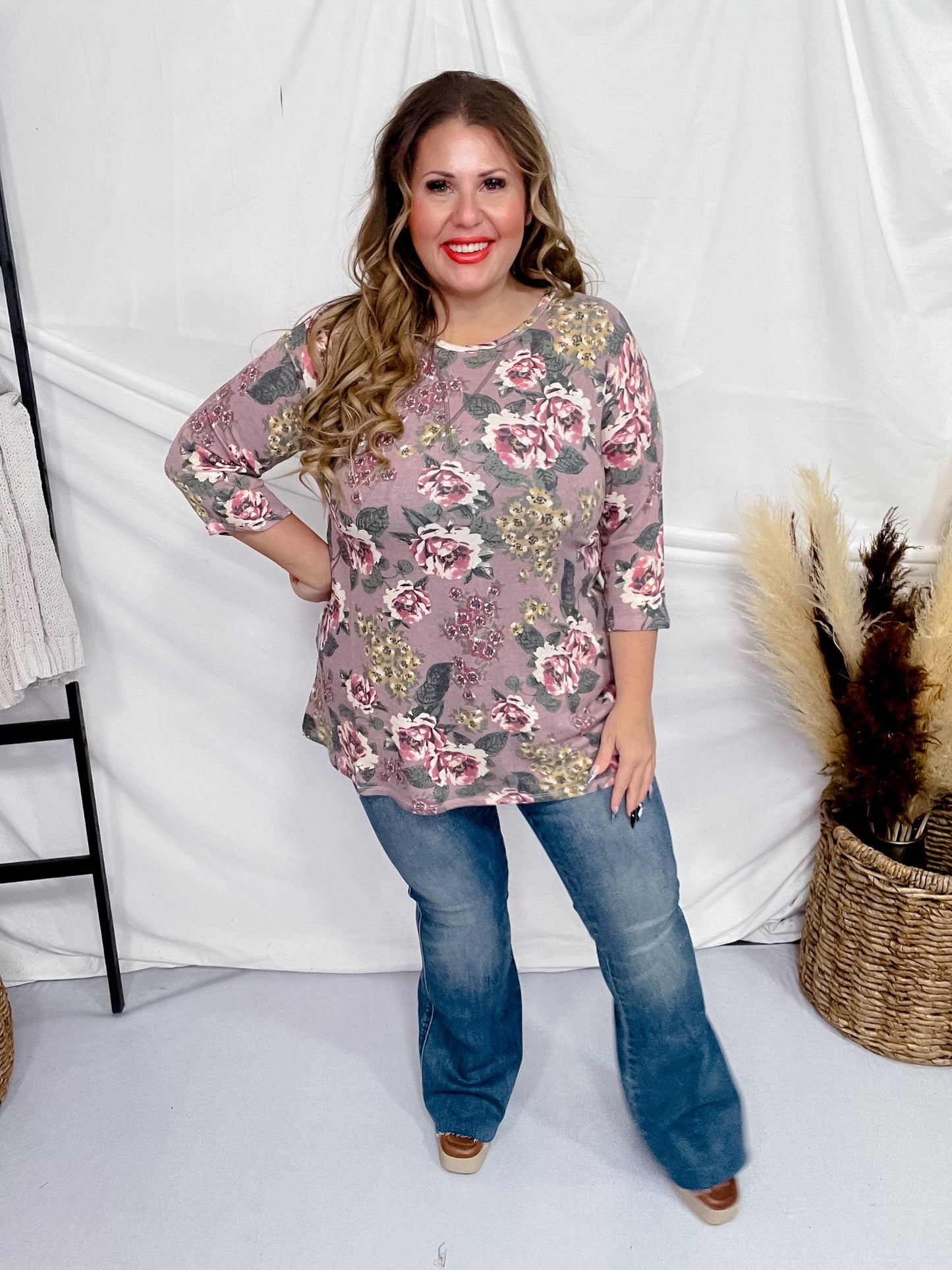 Mauve Floral Print 3/4 Sleeve Top - Whiskey Skies - DEAR SCARLETT