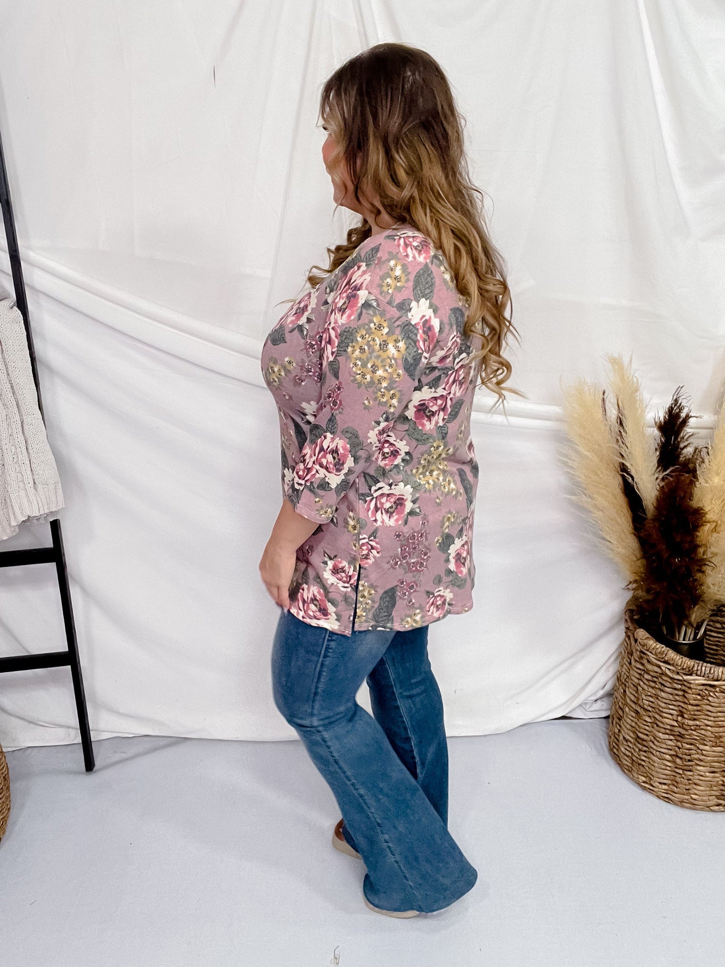 Mauve Floral Print 3/4 Sleeve Top - Whiskey Skies - DEAR SCARLETT