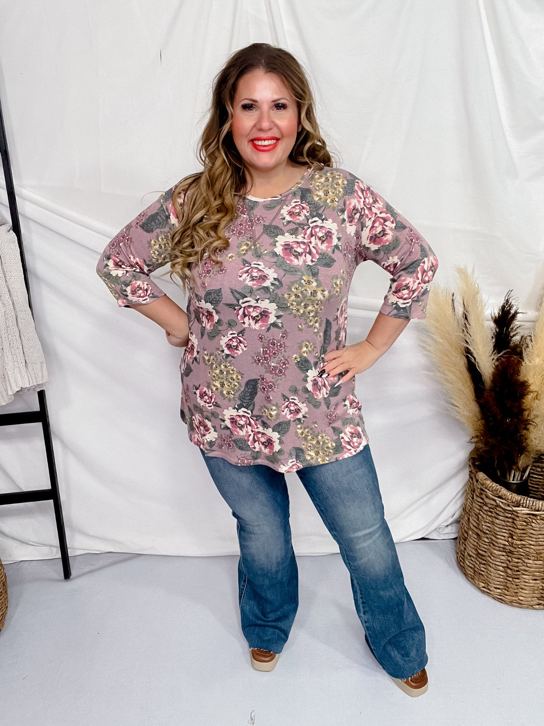 Mauve Floral Print 3/4 Sleeve Top - Whiskey Skies - DEAR SCARLETT