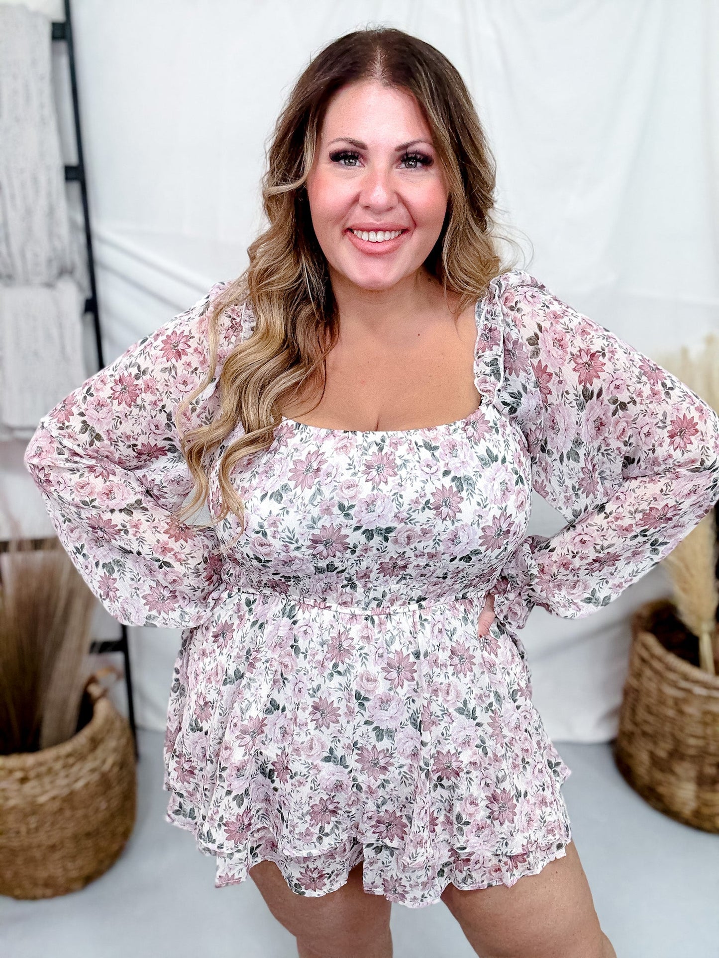 Mauve Floral Romper With Square Neckline - Whiskey Skies - JADE BY JANE