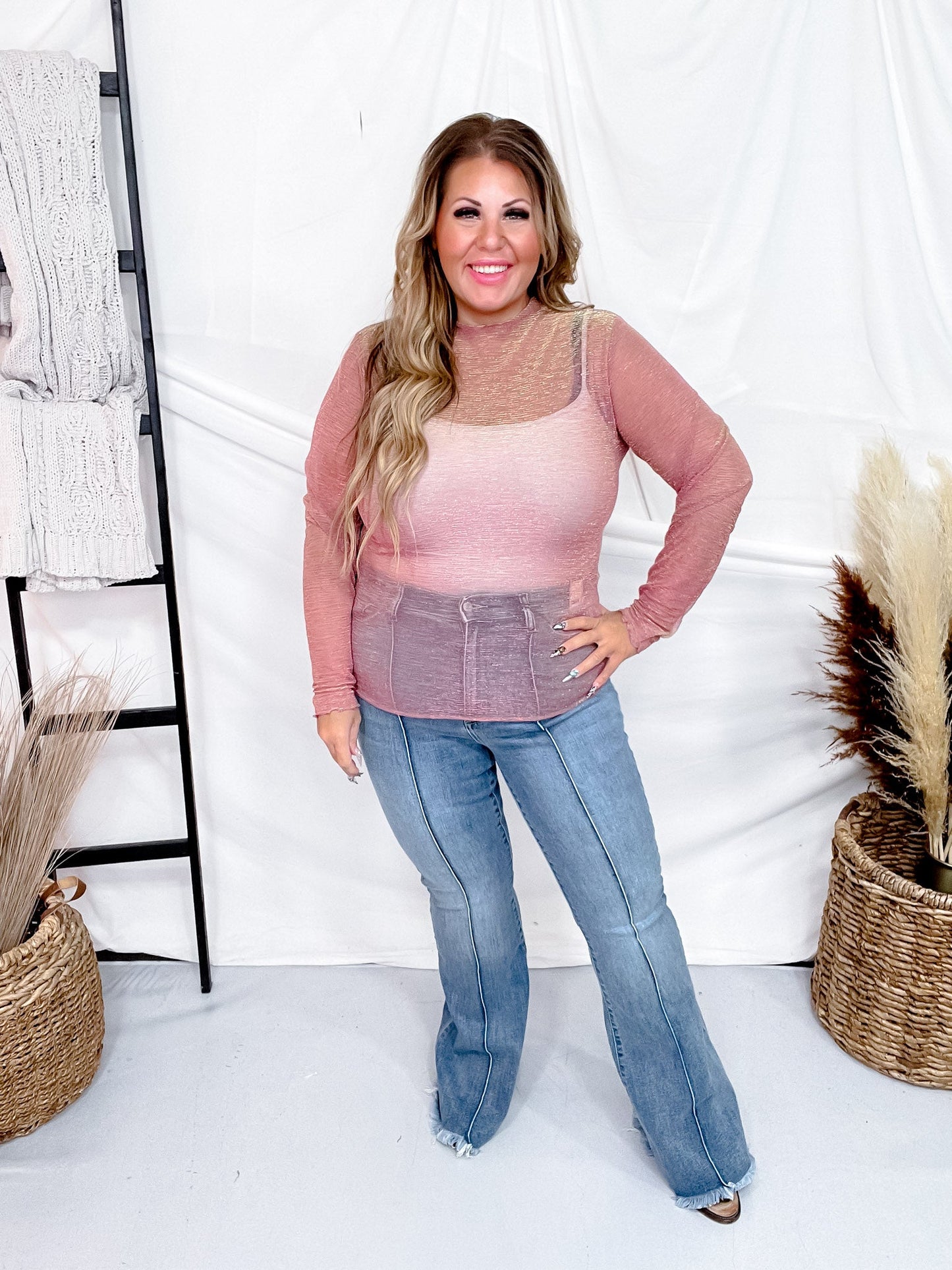 Mauve Foil Mesh Fitted Long Sleeve Top - Whiskey Skies - EASEL