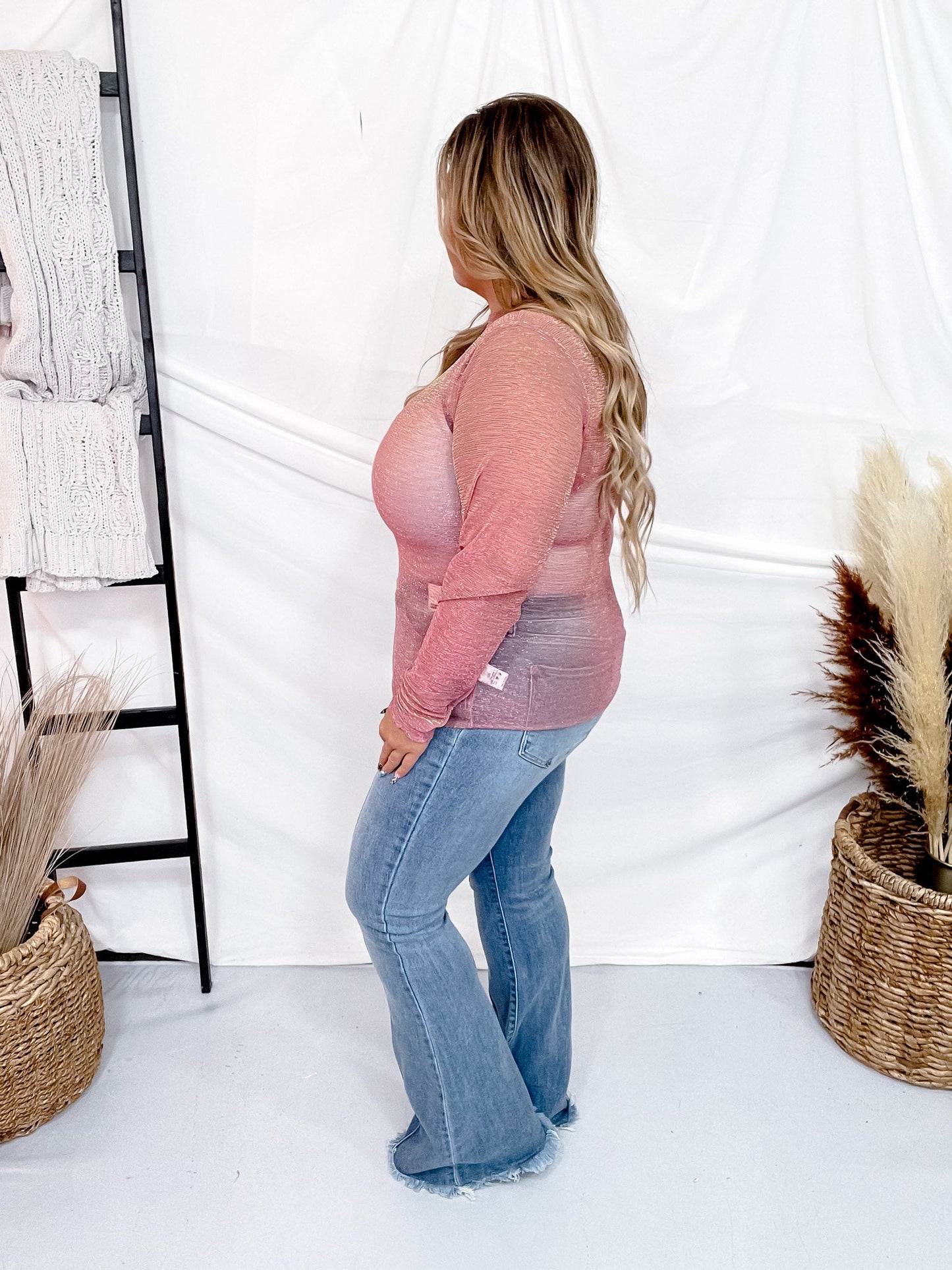 Mauve Foil Mesh Fitted Long Sleeve Top - Whiskey Skies - EASEL