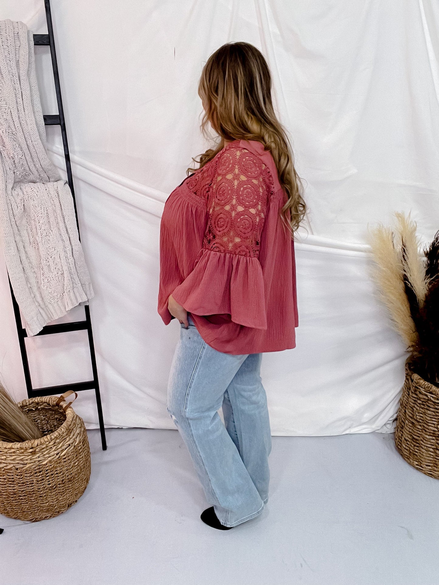 Mauve Lace Trimmed Bell Sleeve Blouse - Whiskey Skies - ODDI