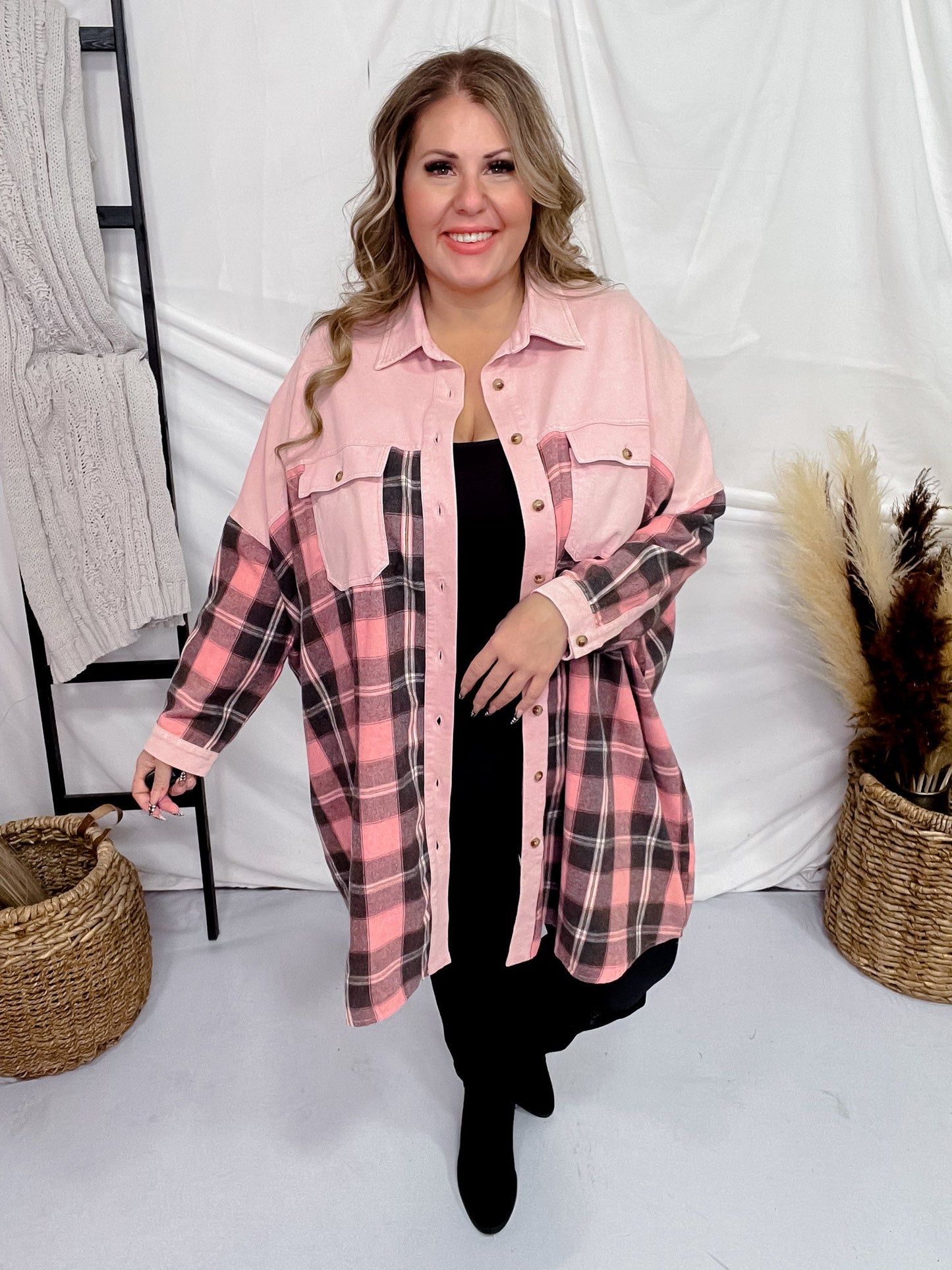 Mauve Plaid Button Down Knit Long Sleeve Top - Whiskey Skies - WHITE BIRCH