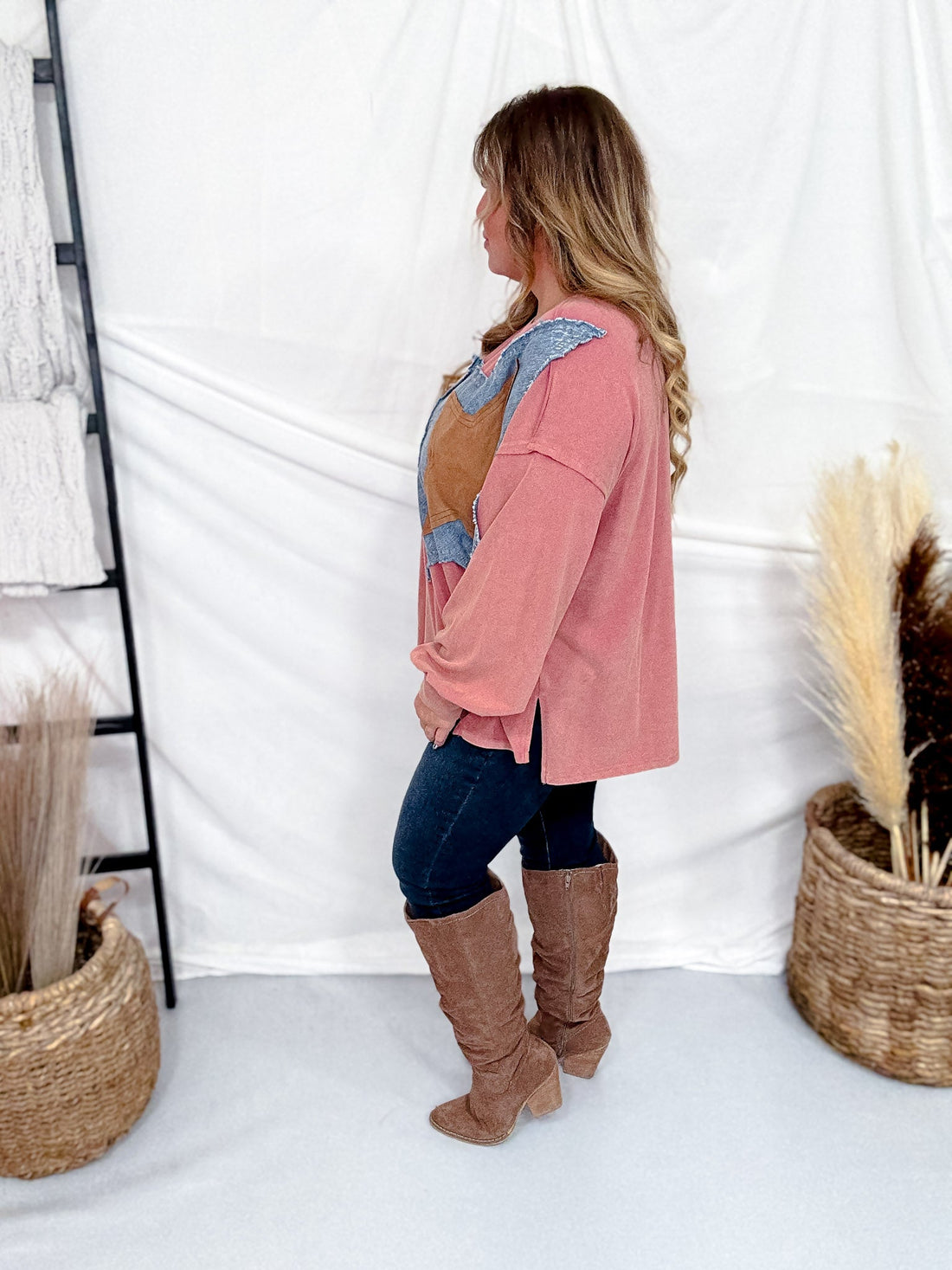 Mauve Pullover Top With Contrasting Star Patch - Whiskey Skies - EASEL