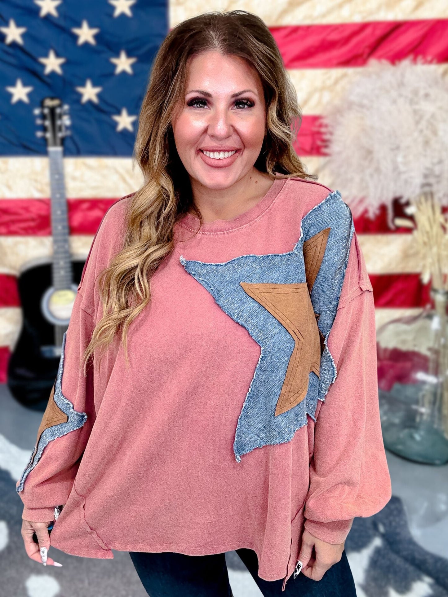 Mauve Pullover Top With Contrasting Star Patch - Whiskey Skies - EASEL