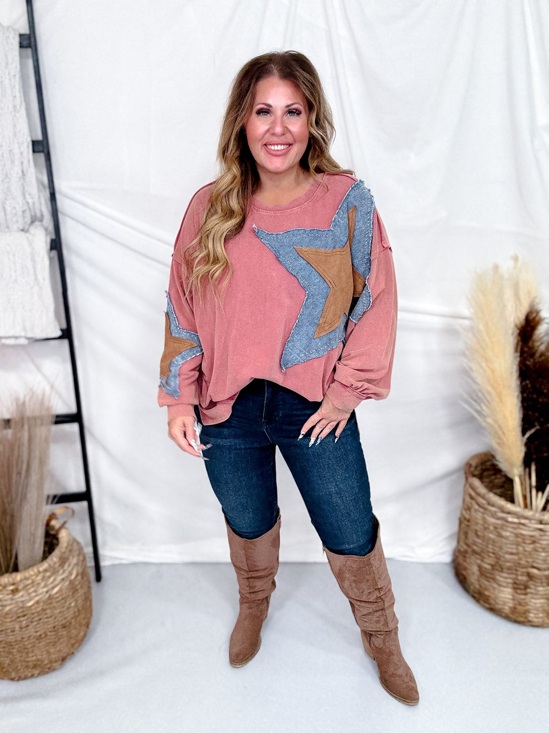 Mauve Pullover Top With Contrasting Star Patch - Whiskey Skies - EASEL