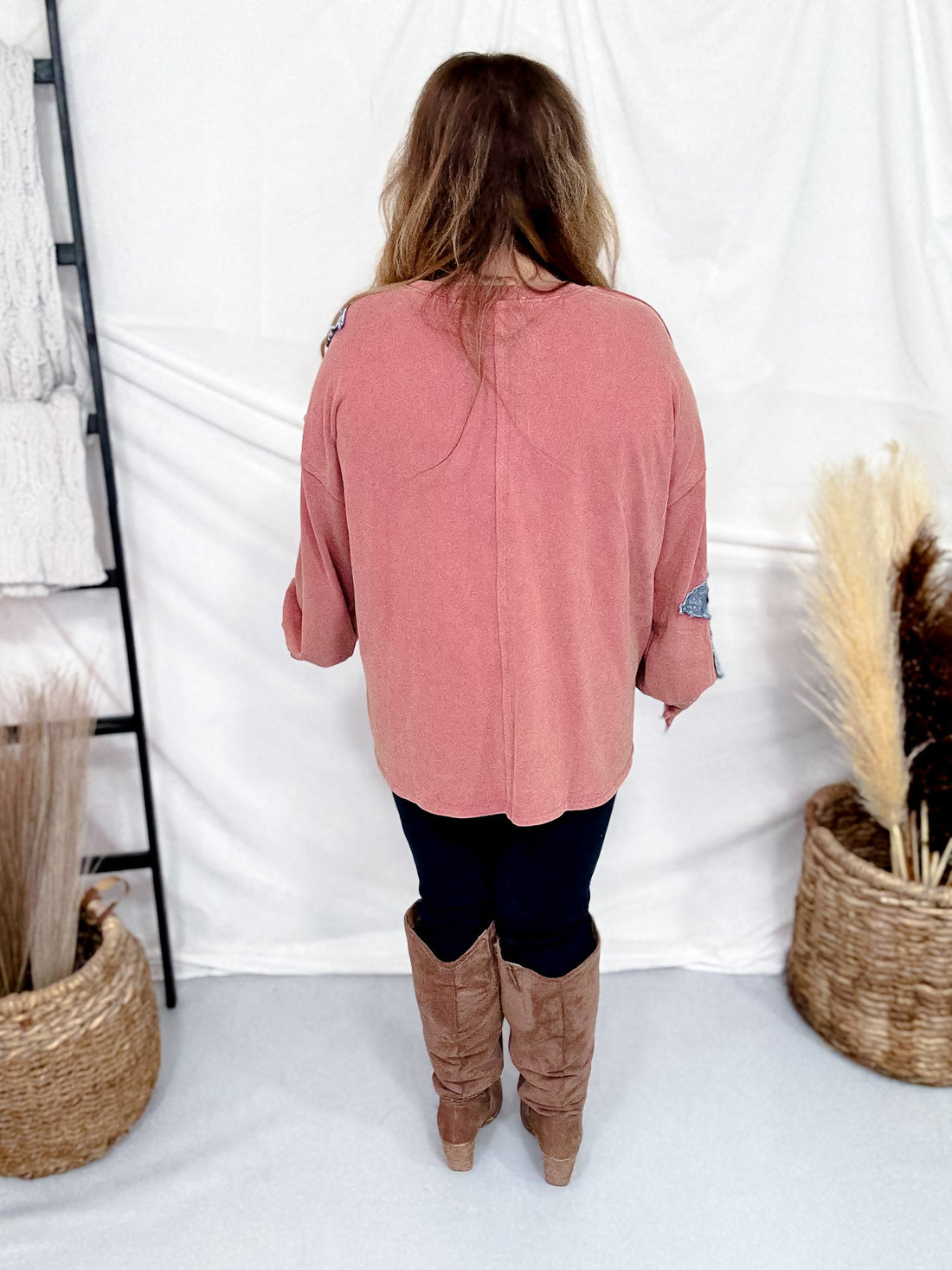 Mauve Pullover Top With Contrasting Star Patch - Whiskey Skies - EASEL