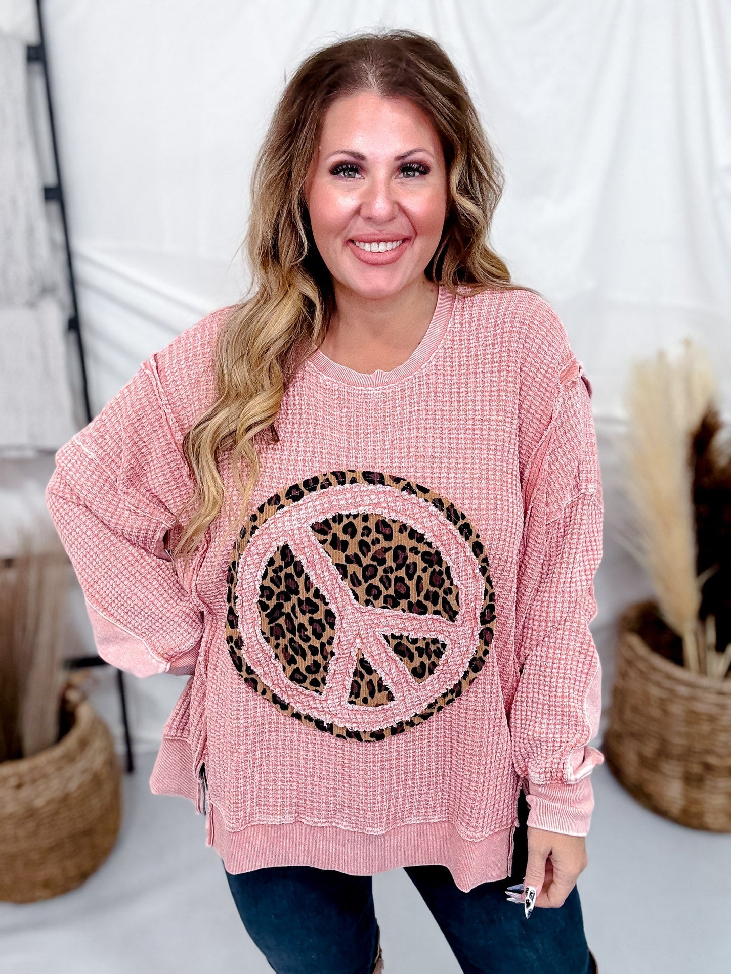 Mauve Thermal Pullover With Leopard Print Peace Patch - Whiskey Skies - EASEL