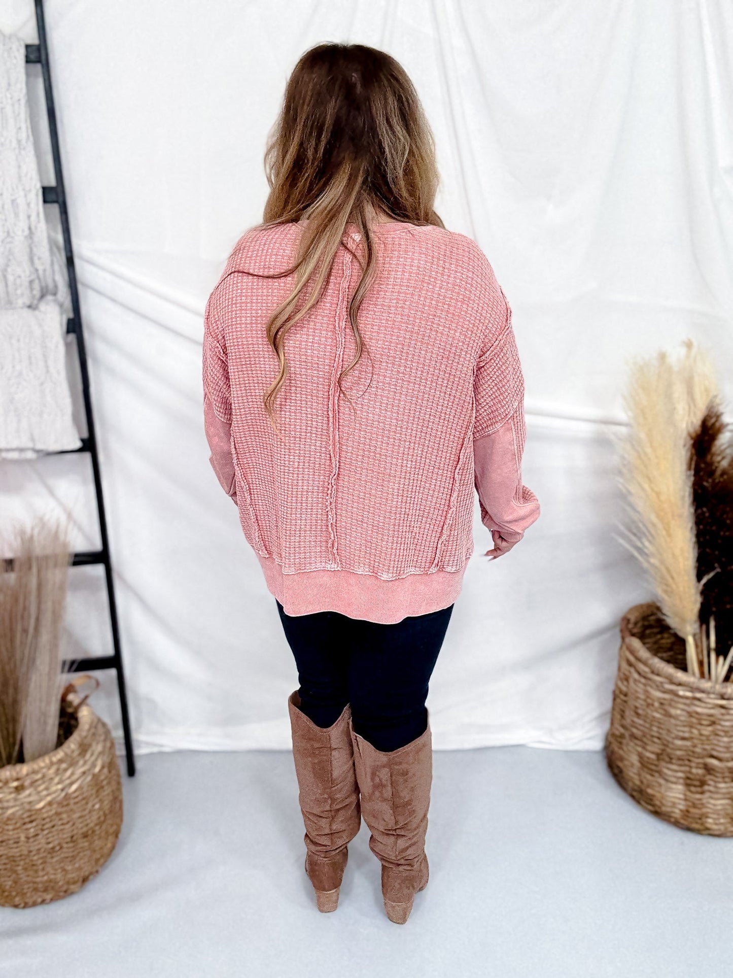 Mauve Thermal Pullover With Leopard Print Peace Patch - Whiskey Skies - EASEL
