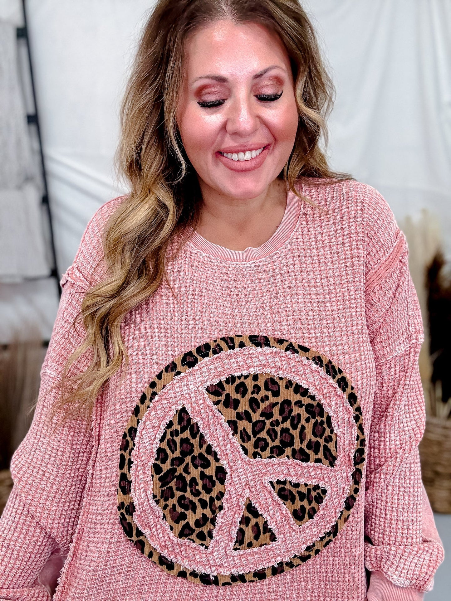 Mauve Thermal Pullover With Leopard Print Peace Patch - Whiskey Skies - EASEL