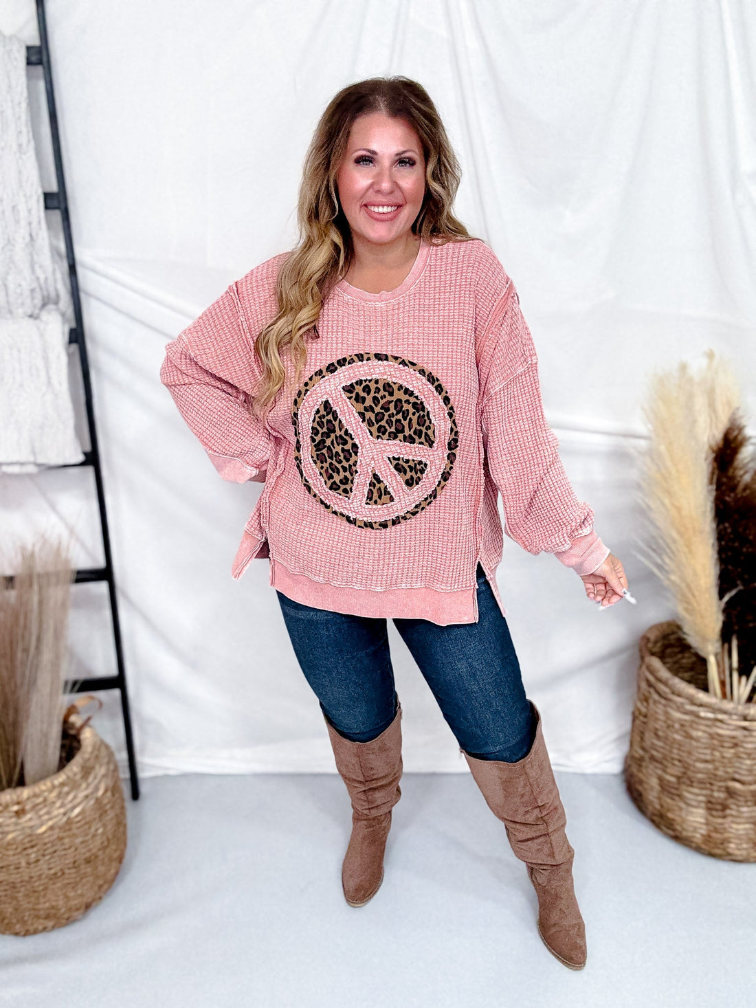 Mauve Thermal Pullover With Leopard Print Peace Patch - Whiskey Skies - EASEL