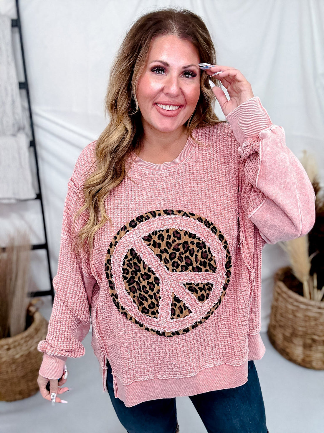 Mauve Thermal Pullover With Leopard Print Peace Patch - Whiskey Skies - EASEL