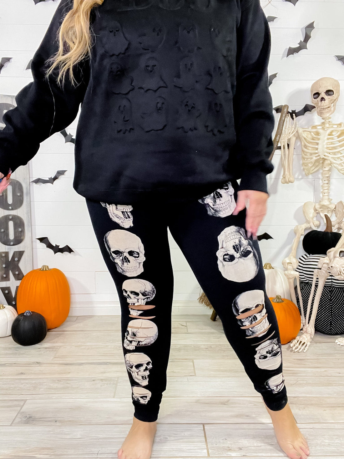 Medium Rise Skull Print Laser Cut Leggings - Whiskey Skies - VOCAL