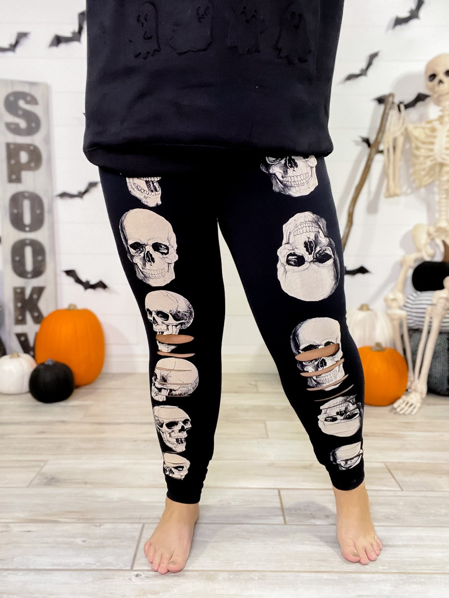 Medium Rise Skull Print Laser Cut Leggings - Whiskey Skies - VOCAL