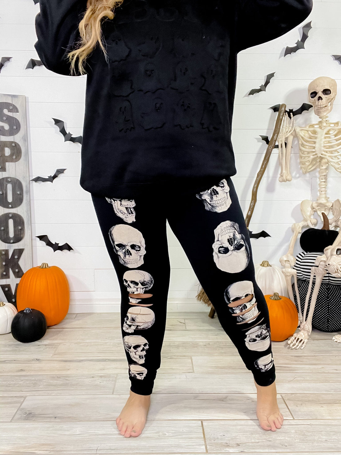 Medium Rise Skull Print Laser Cut Leggings - Whiskey Skies - VOCAL