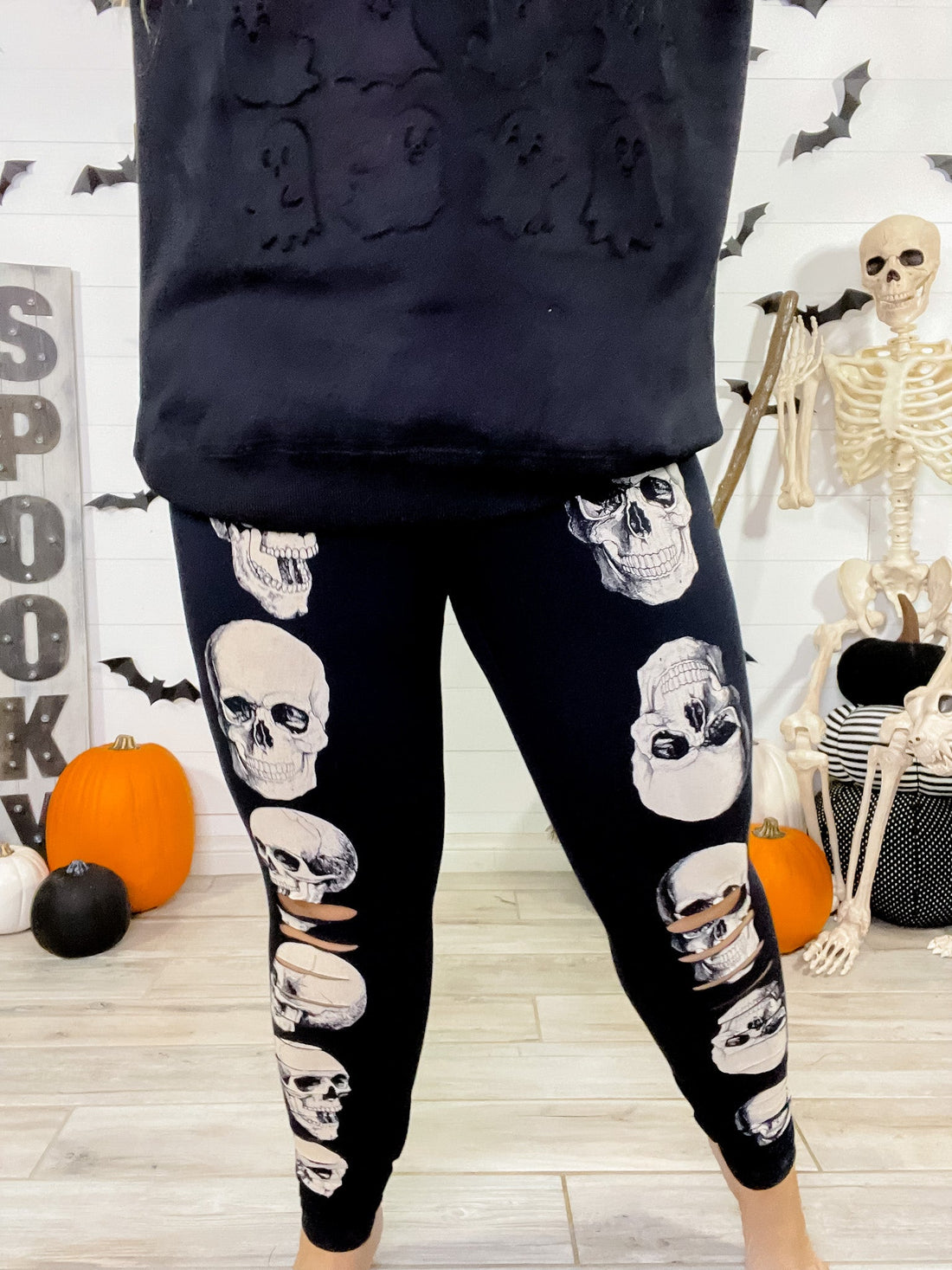 Medium Rise Skull Print Laser Cut Leggings - Whiskey Skies - VOCAL