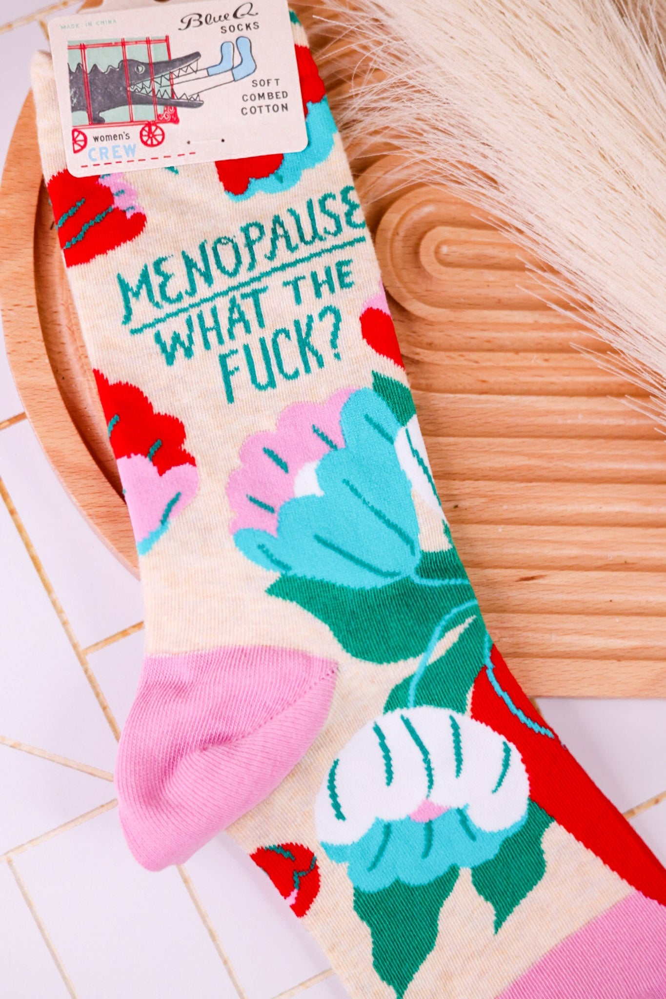 "Menopause What The Fuck" Women's Crew Socks - Whiskey Skies - BLUE Q