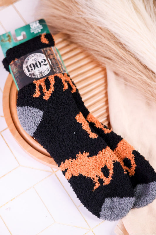 Men's Fuzzy Crew Socks With Moose Print - Whiskey Skies - CRESCENT SOCK COMPANY