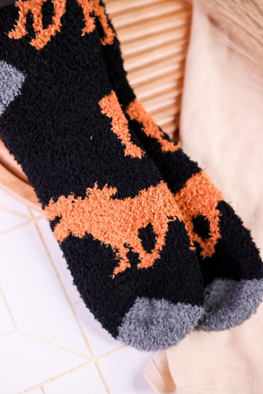 Men's Fuzzy Crew Socks With Moose Print - Whiskey Skies - CRESCENT SOCK COMPANY